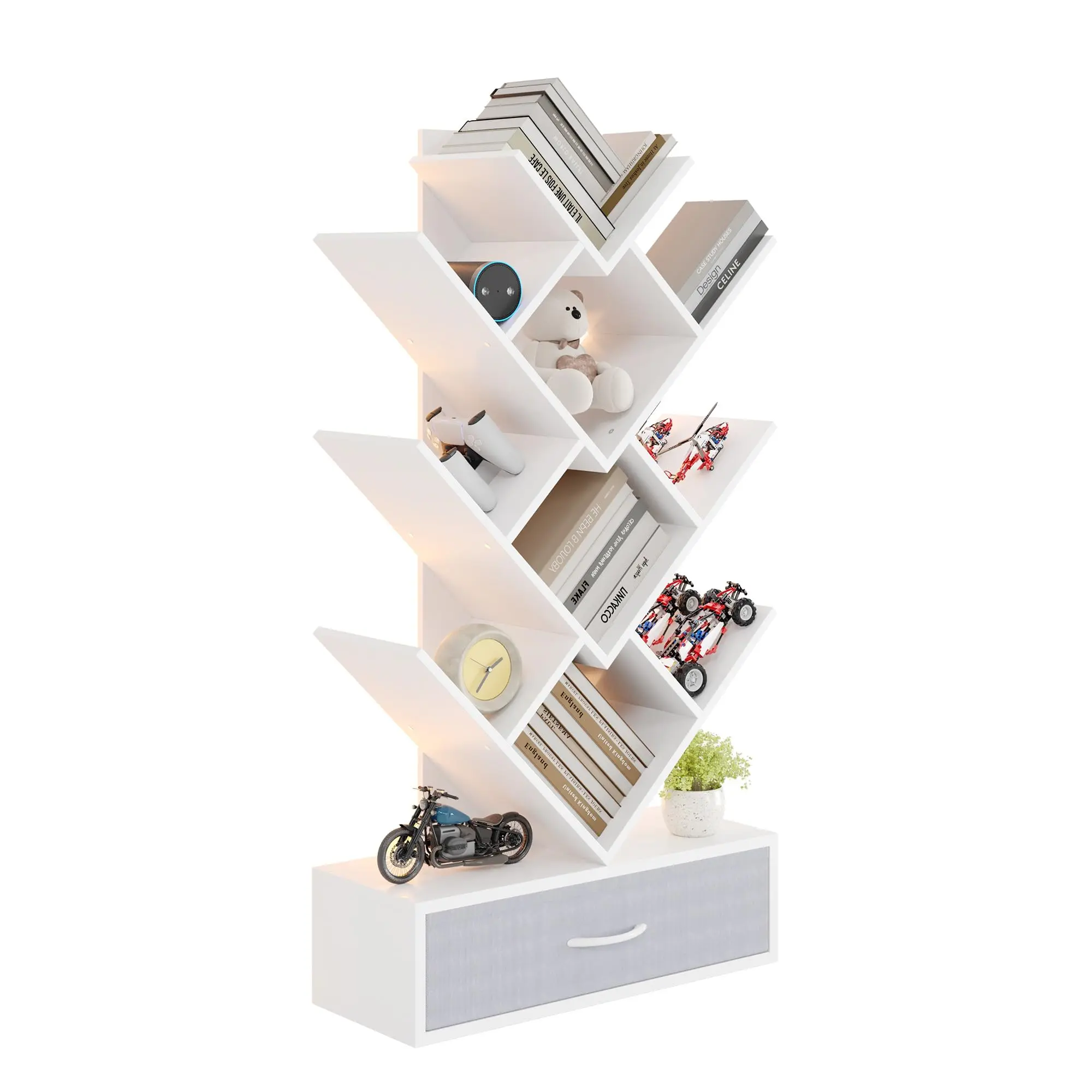 Garvee 7-Tier Tree Bookshelf with LED, Wooden Storage Furniture