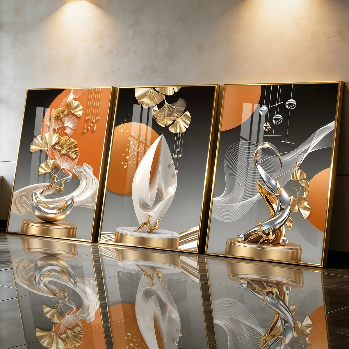 3 Count Aluminum Alloy Frame Canvas, Fashion Poster, Abstract Golden Leaf And Deer Sculpture Art, Modern Living Room Decoration, Light Luxury Family Art, Suitable For Bedroom, Corridor And Office Wall Decor, Gift
