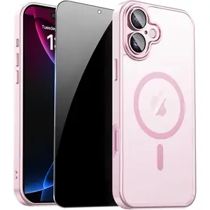 Magnetic for iPhone 17 Case with Privacy Screen Protector and Camera Protection, Compatible with MagSafe Translucent Matte Shockproof Phone Case for iPhone17 Women Girls, Pink