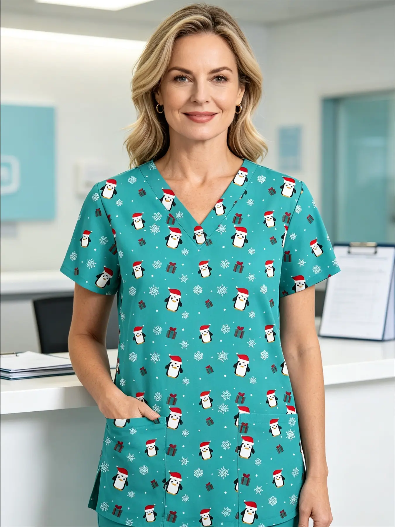Women's V-Neck Scrub Top, SPA Therapist Nurse Medical T-Shirt, Beauty Salon Pet Vet Workwear Uniform Top Christmas New
