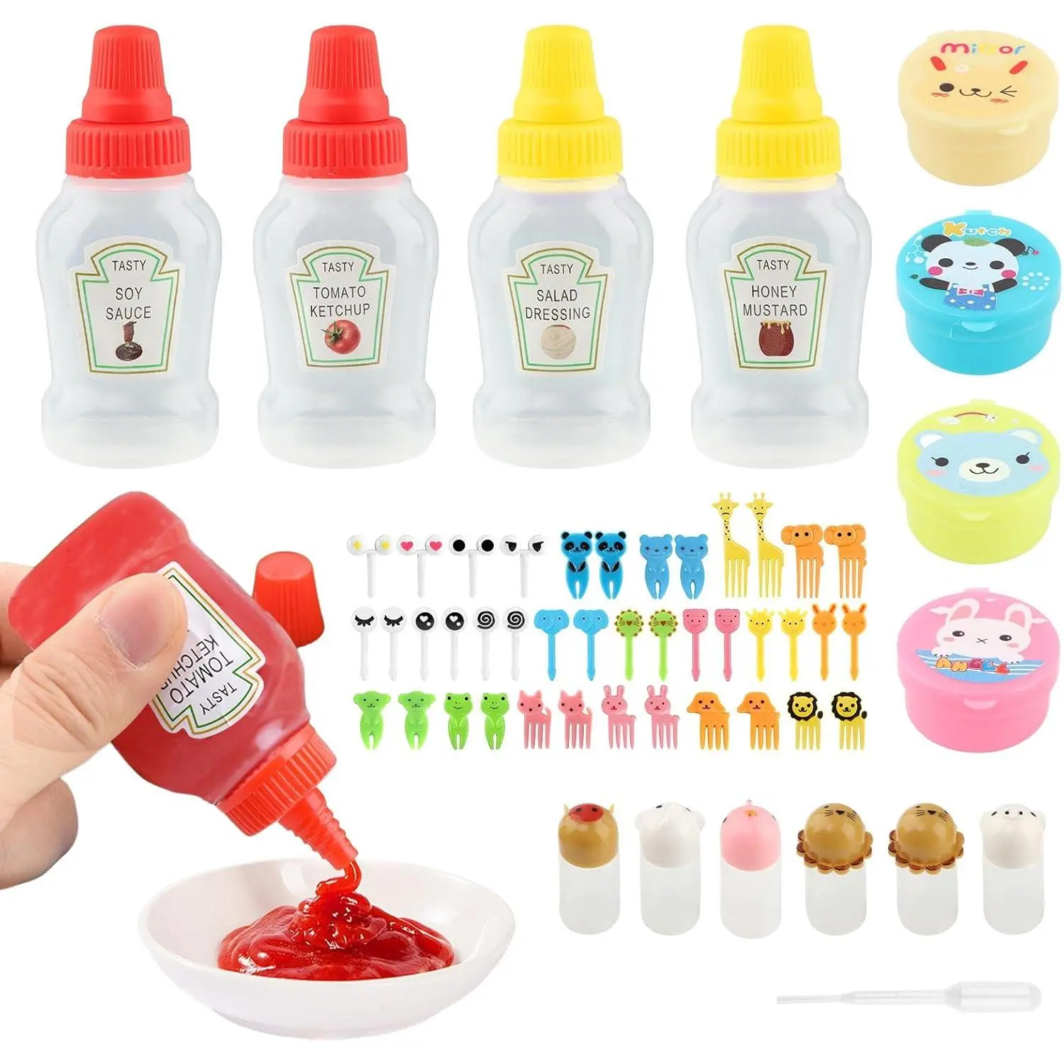 55-Count Cute Synthetic Kitchen Utensils Set, Bento Box Accessories Including Picks, Mini Condiment Bottles, Ketchup Squeeze Bottle & Salad Dressing Container for Camping