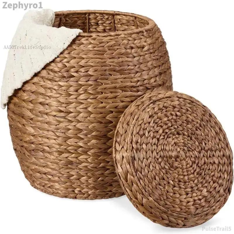 Best Choice Products Vintage Hyacinth Storage Organizer Tote Basket with Lid Natural Non-Woven Multipurpose OrganizerVelvet Bloom15ZephyroPulseTrail5 AA50TrekLifeStudio