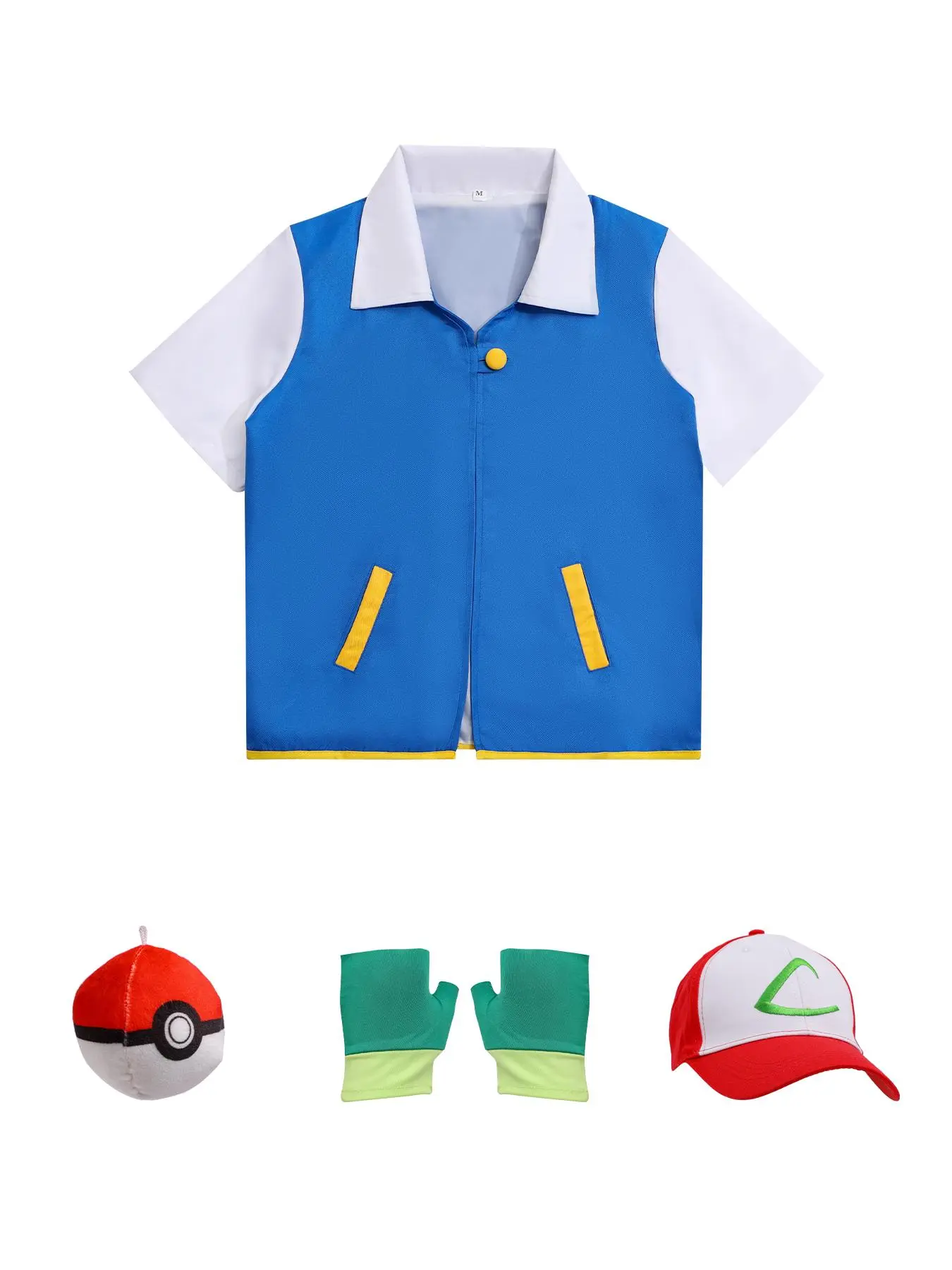 Women's Ash Ketchum Casual Costume Set, Including Jacket & Hat & Gloves & Ball, Cosplay Costume for Party, Birthday Gift