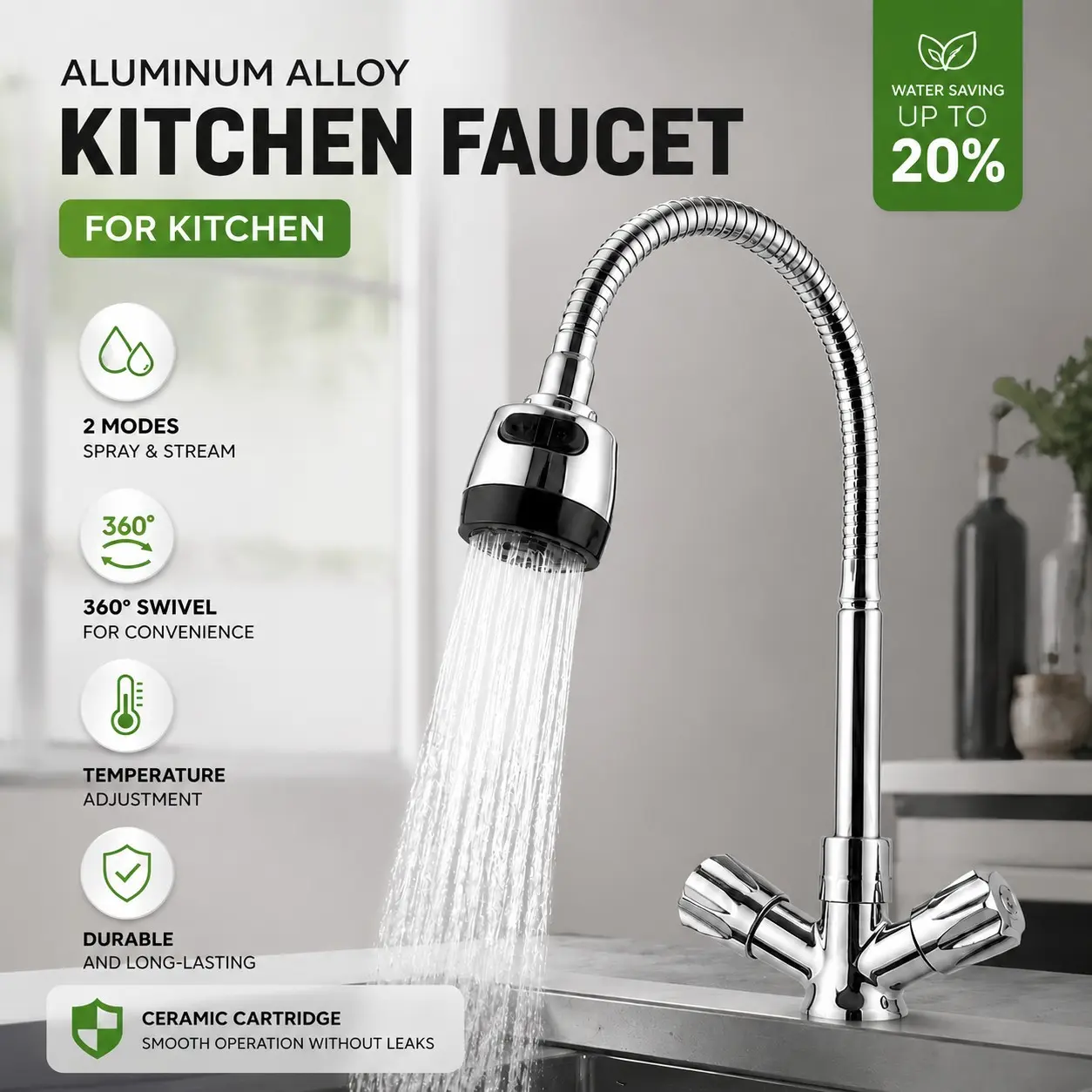 360° Rotating Kitchen Faucet, Water-Saving Durable Metal Structure, Ideal for Home Cooking and Cleaning, Efficient and Long-Lasting Design