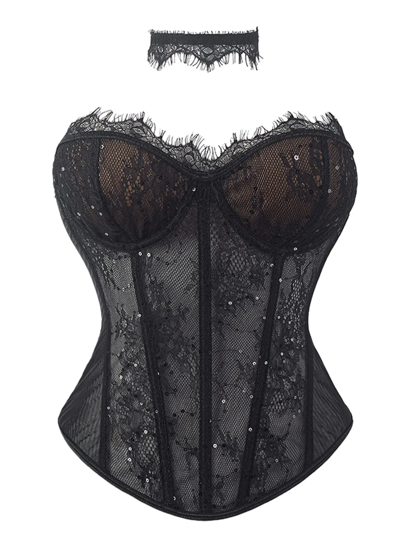 Women's Gothic Dark Sequin Lace Sheer Mesh Boned Corset Top With Neck Choker Set Push Up Slimming Body Shaper For Rave Festival Underwear Outfit