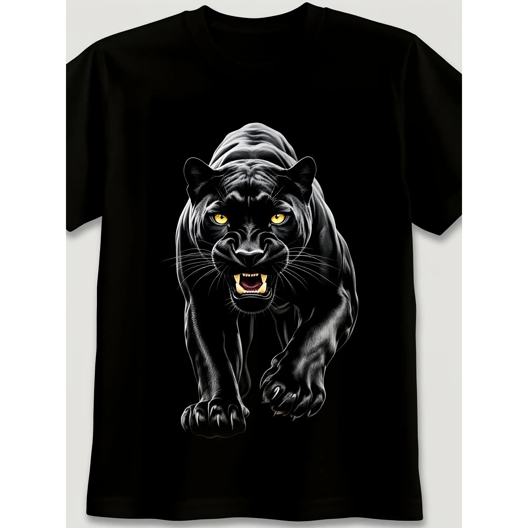 Dynamic Black Panther Graphic Tee Fierce Leaping Panther Design with Intense Expression on Solid Black Background Bold Crew Neck Style for Animal Lovers Stand Out with This Aggressive Panthpure Breathable Sweat-Wicking And Soft Suitable for Daily Co