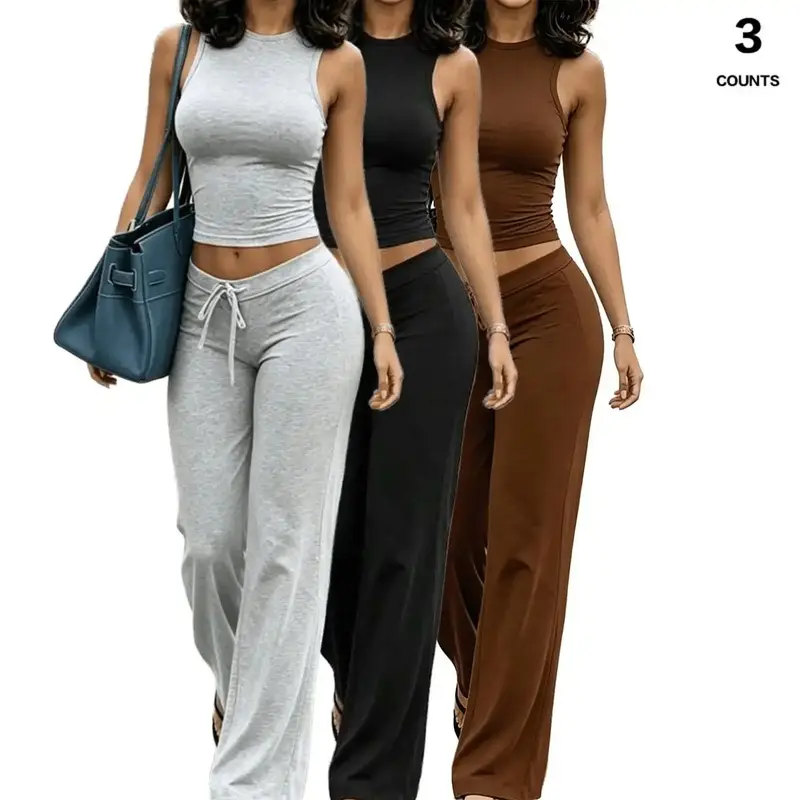 Women's 2-Piece Set, 3-Pack Solid Color Smooth Spandex Cropped Tank Top and Wide Leg Drawstring Pants for Casual Gym Streetwear, Light, Suit, Minimalist, Crew Neck