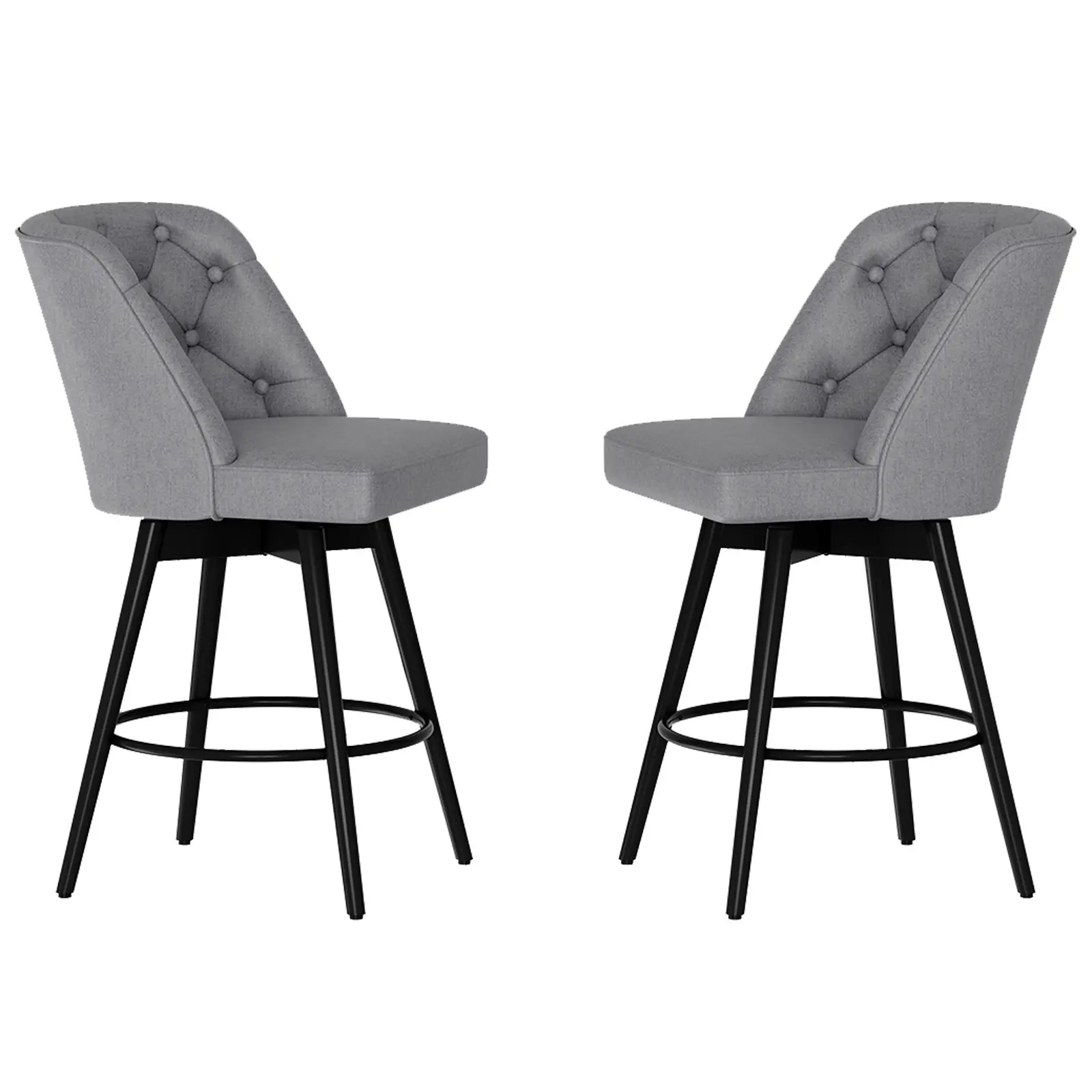 2-Pack Modern 26in Swivel Barstools with Backrest - Upholstered Linen Fabric, Barrel Curve, Sturdy Iron Footrest, Year Round Counter Height Chairs for Kitchen Island, Fits Standard Bars