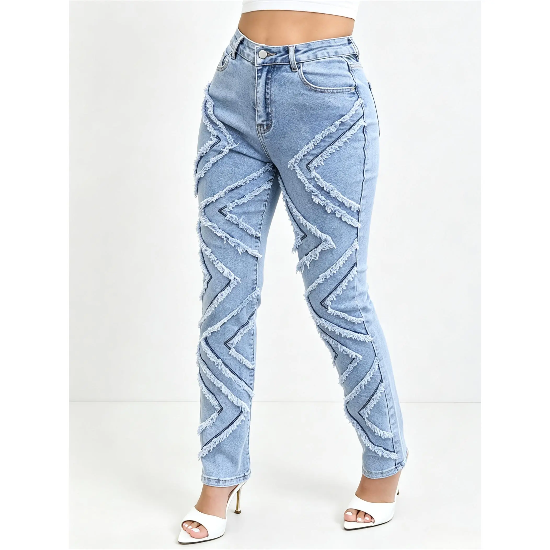Y2K High Waist Skinny Jeans | Light Wash Distressed Denim with Symmetrical Patch & Piping Trim, Zigzag Frayed Hem, Stretchy Curvy Fit Streetwear Bottoms