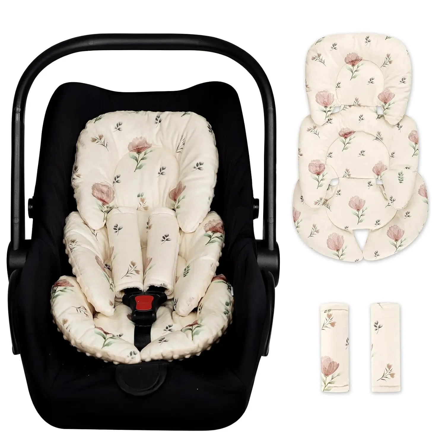 Infant Car Seat Insert with 2 Strap Pads, Super Soft Reversible Head and Body Support Cushion for Newborn Baby Boys Girls, Universal Fit for Strollers, Bouncers, Swing, Simple Flowers(Gift)