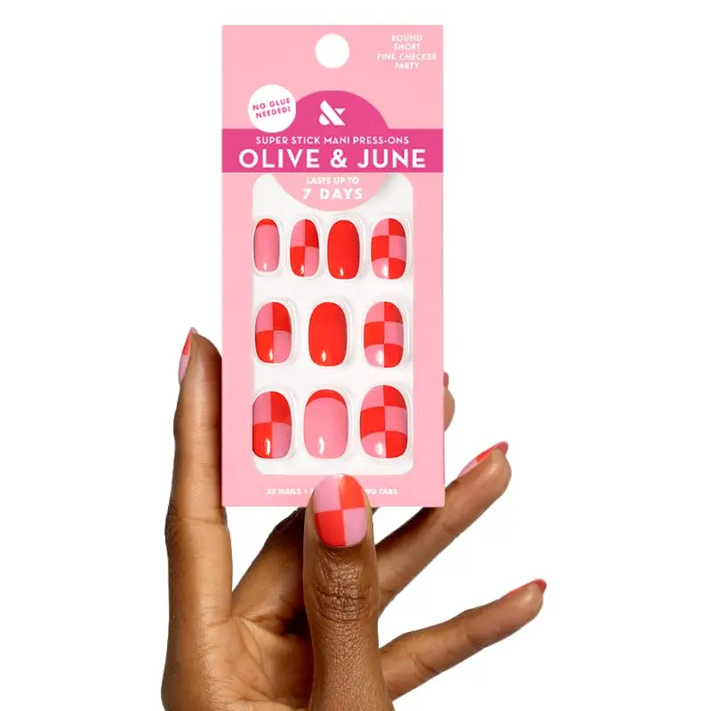 Classic Super Stick Mani Summer Press On Nails | No Glue Needed | 32 Tab Nails 16 Sizes | Non-Toxic Tabs Easy On-Off Non-Damaging | 7-Day Wear | Short, Round | Pink Checker Party