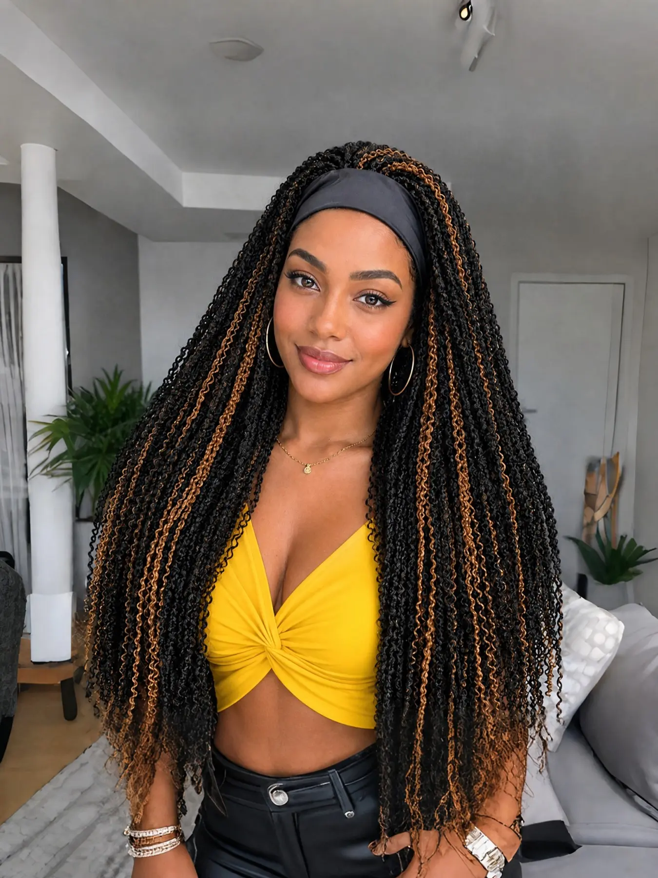 Boho Braided Headband Wig 30 Inch Kinky Twist Wig Synthetic Hair zizi braided Black with Brown Highlights Glueless Protective Wig for Black Women Braided Hair Wigs