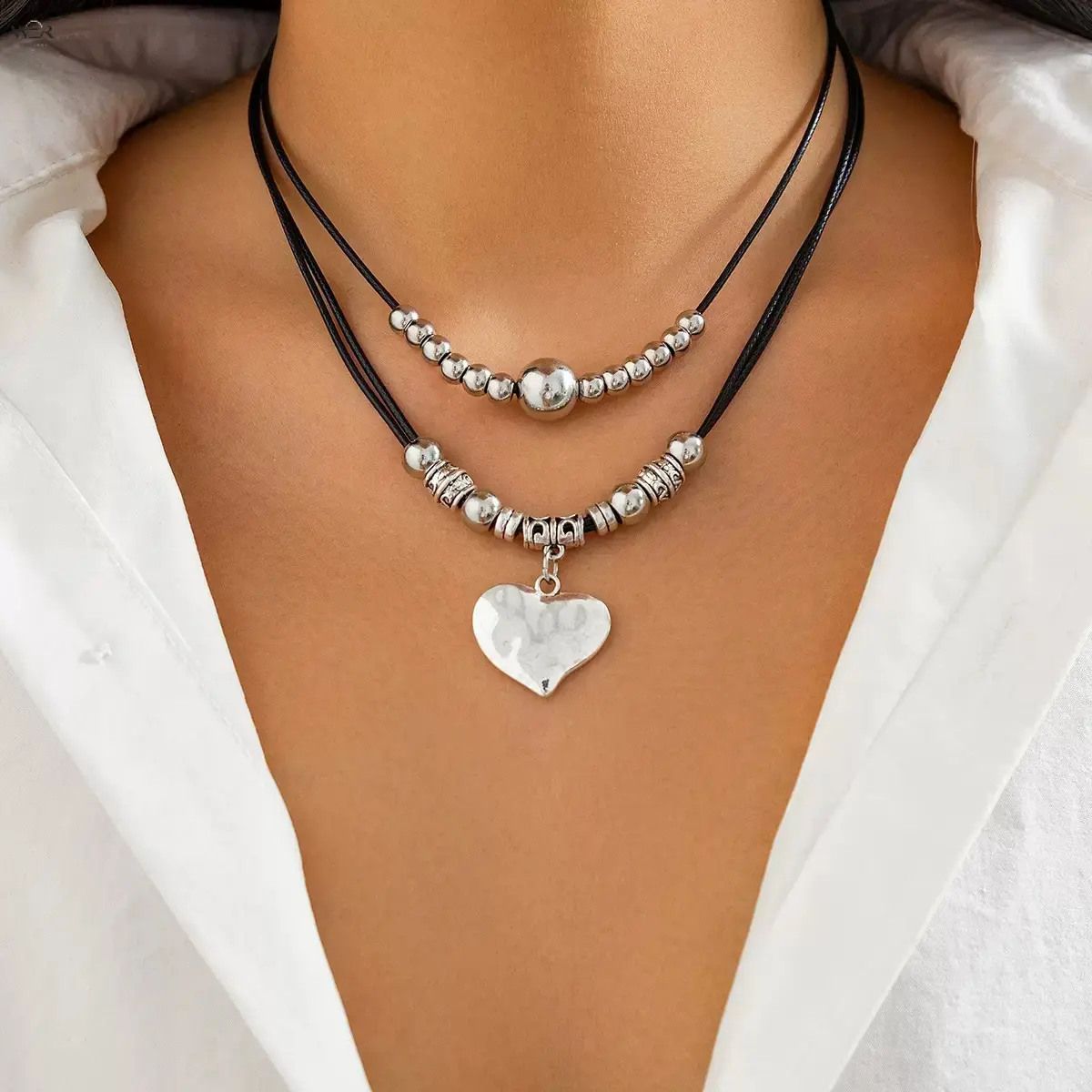Unisex Layered Black Leather Cord Choker Necklace - 2 Styles, 36cm+7cm Extensible Chain, Vintage Silver Bead Chain with Heart/Disc Tag Pendant, Boho Stackable Neck Jewelry for Casual Daily Outfits