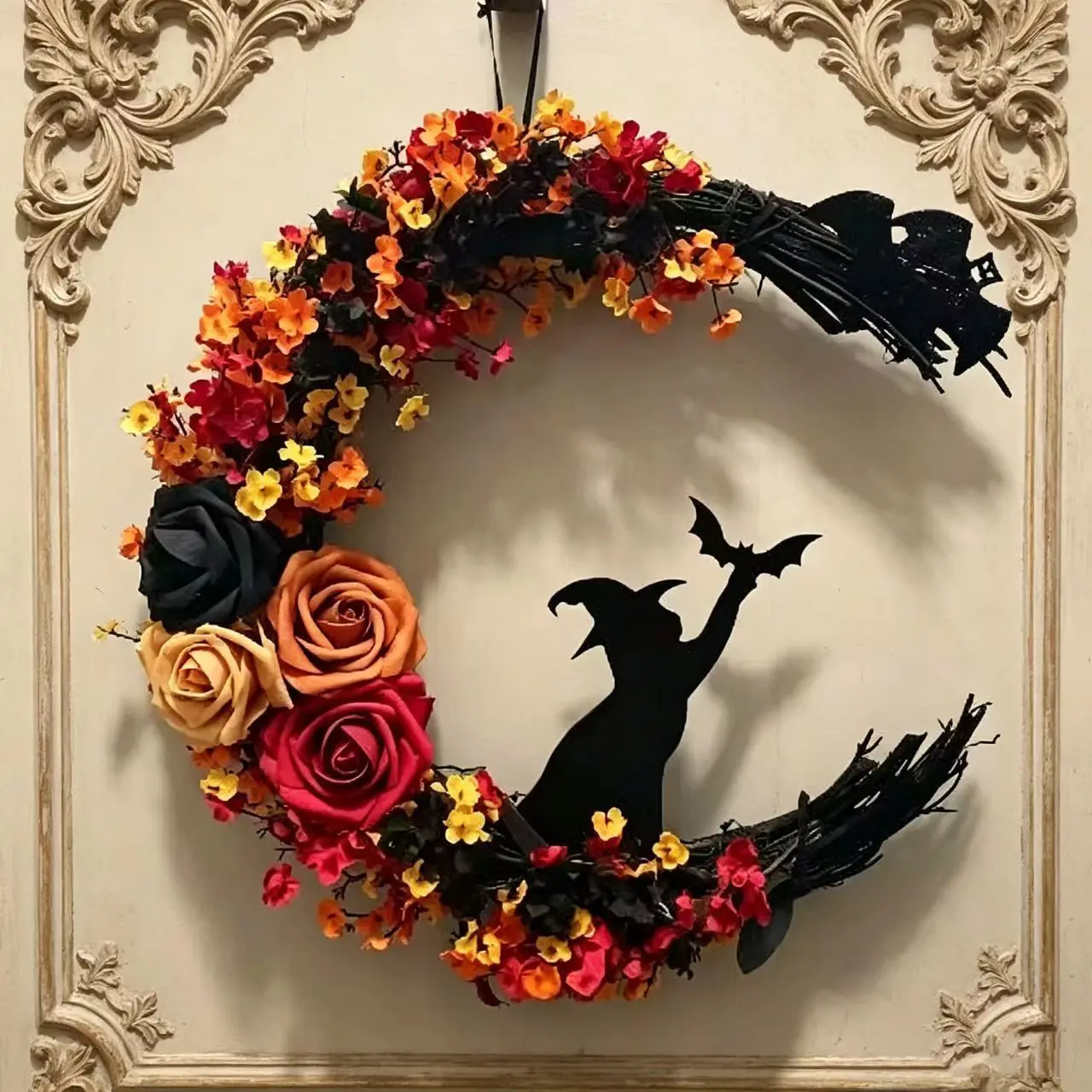Halloween Moon Cat Wreath, Rose Small Flower Home Door Window Decor, Festive Holiday Decoration, Halloween Easter Festival Ornament, Faux Flower Wreath