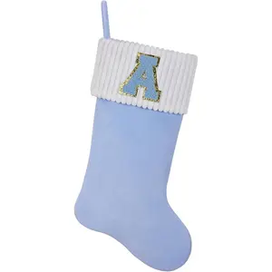 20 Inches Letter Embroidered Personalized Light Blue Velvet Christmas Stocking, Family Holiday Decorations and Xmas Gift