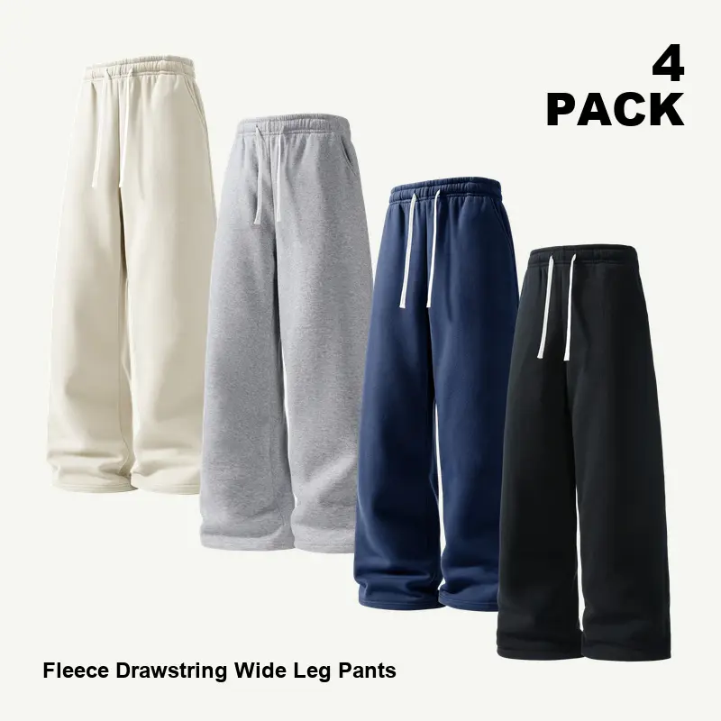 Men's 4-Pack Relaxed Fit Fleece Blend Full Length Jogger Pants, Warm Wide Leg Sweatpants with Drawstring Elastic Waist, Side Pockets for Streetwear Outfits, Gym, Polyester Clothes, Baggy Sweatpants, Men's Pants