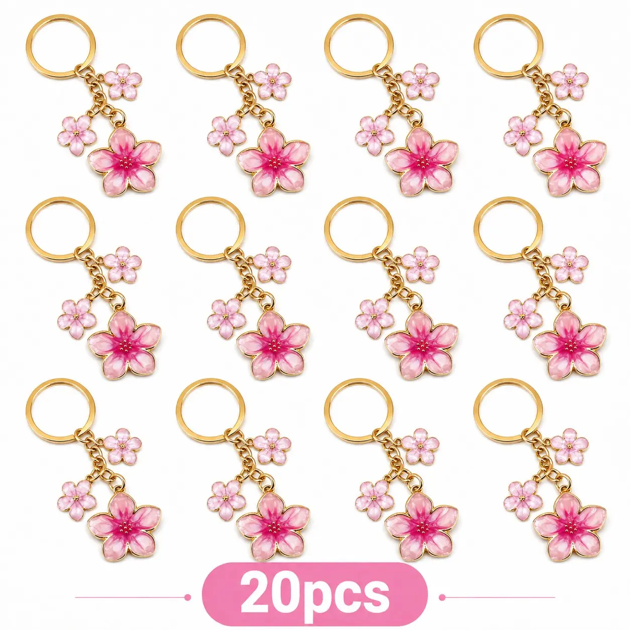 20pcs Cherry Blossom Keychains, Enamel Flower Pendant Key Rings, Wedding Bridal Shower Favors, Birthday Party Souvenirs, Bulk Gifts