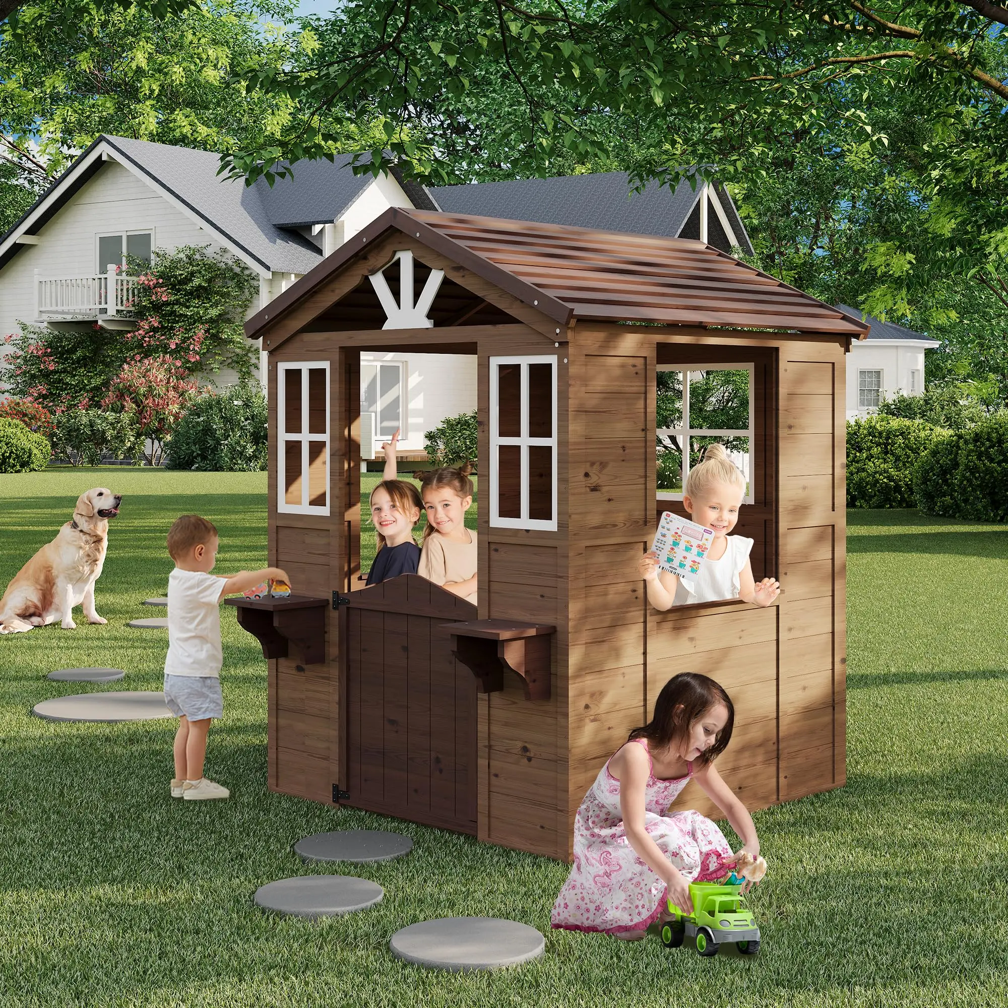 Premium Fir Wood Kids Playhouse - Backyard Outdoor Playset with Cross Windows, Working Door, Sturdy Apex Roof, Stable Structural Bracing, Compact Design for Toddlers (Outdoor Play)