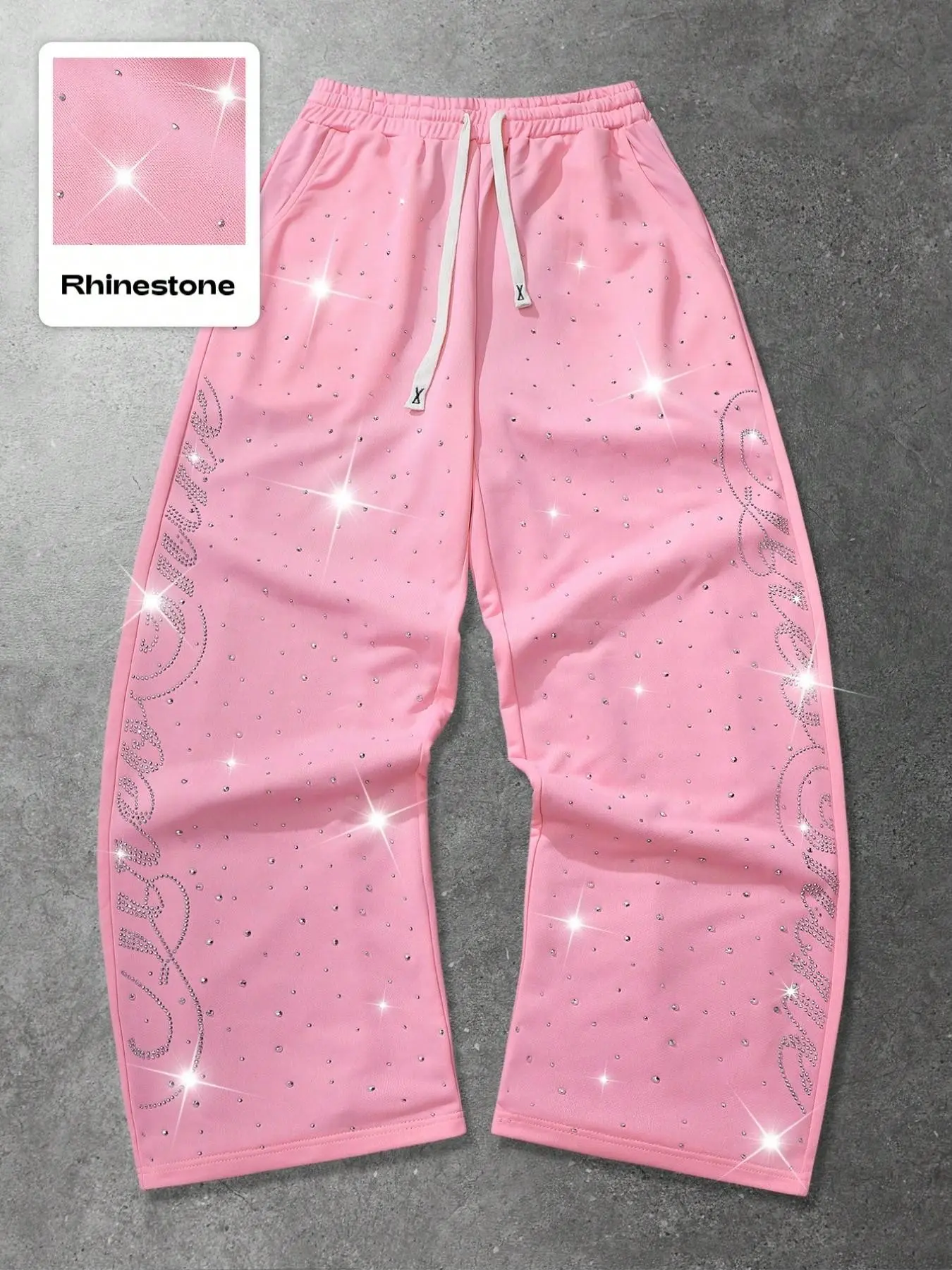 Pink rhinestone wide-leg joggers, Streetwear pants, shiny letter hot-studded loose street-style pants, elastic drawstring waist, soft and comfortable fabric. Perfect for street photography, music festivals, parties, weekend outings
