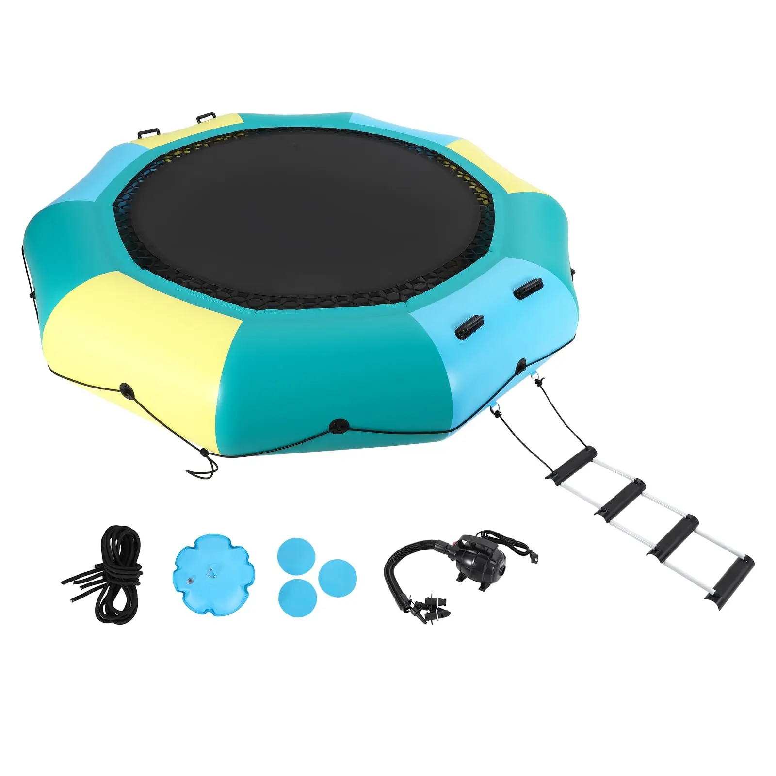 10ft Inflatable Water Trampoline with 600W Electric Air Pump for Lake Pool, 3-in-1 Floating Trampoline Party Platform with Ladder & Anchor Bags, Heavy Duty 1000D PVC Water Bouncer for Kids Adults Summer Water Sports Game