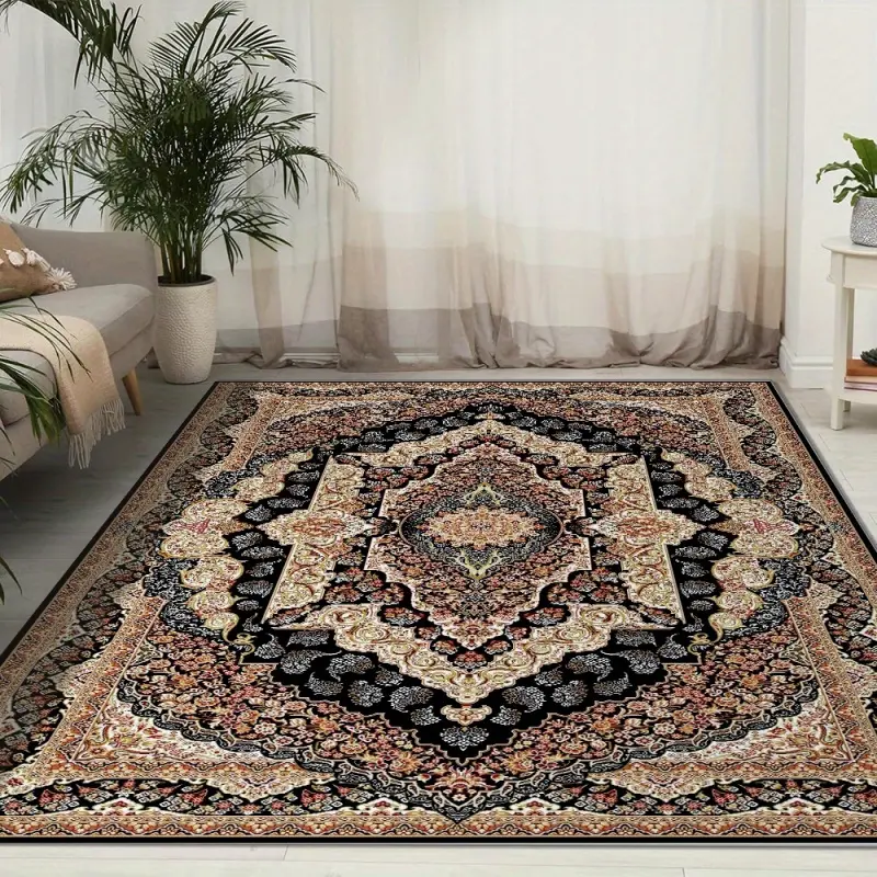 1pc Velvet Area Rug, Black & Gold Traditional Persian Medallion Non-Slip Washable Carpet for Living Room Bedroom Dining Room