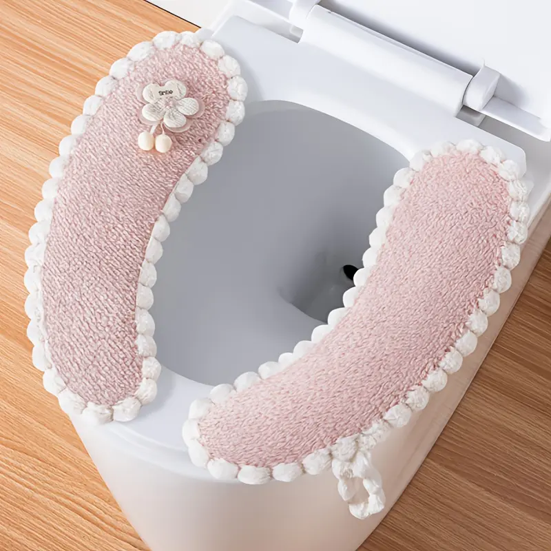 2 Pack Coral Fleece Toilet Seat Cushions, Toilet Seat Protectors, Bathroom Accessory, Single Floral Design, 4-Point Fixed Installation, White Trim, Portable Handle, Hand Washable, Universal Fit