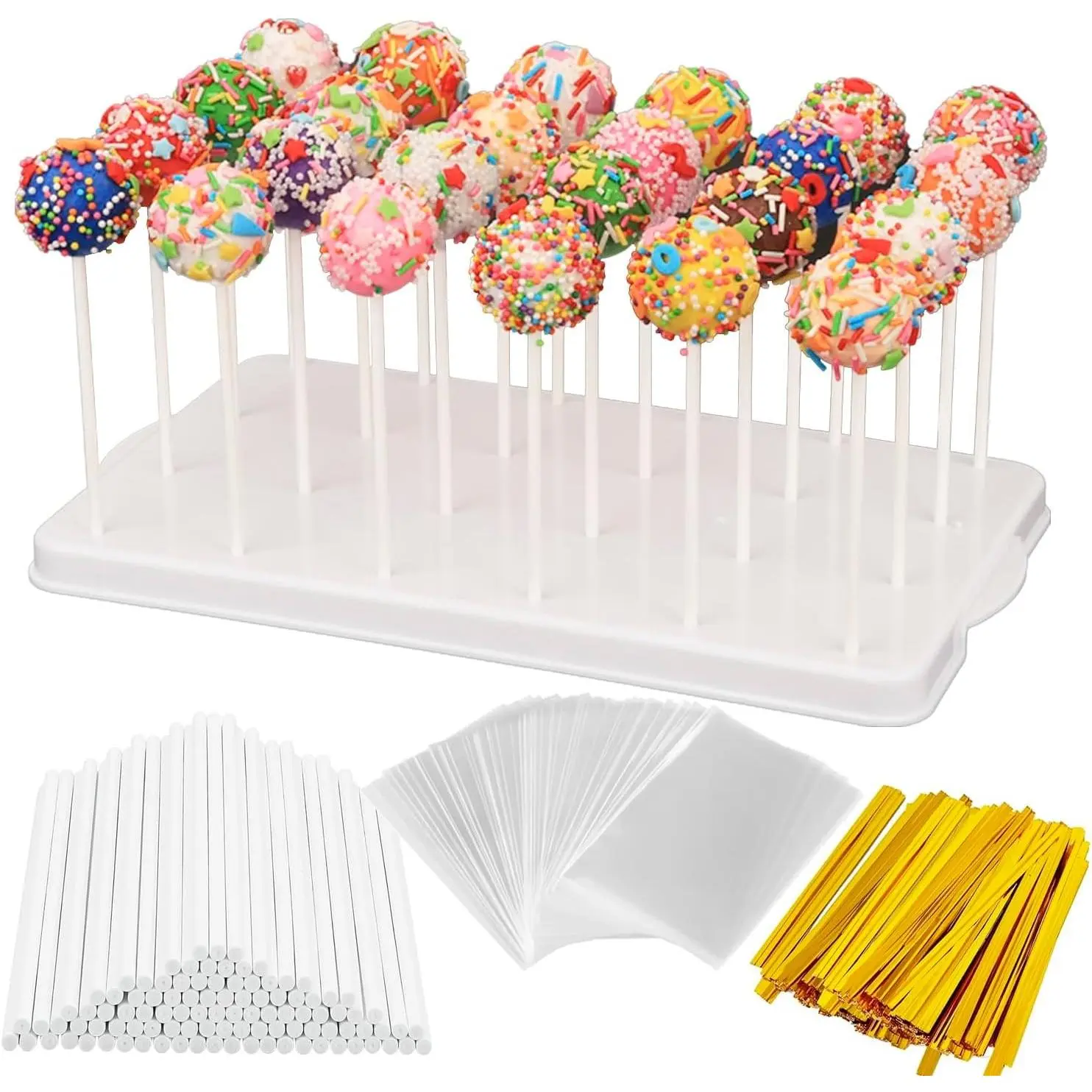 24 Holes White Cake Pop Stand Kit, Lollipop Display Holder with 100 Pcs Cake Pop Sticks, 100 Pcs Wrappers Bags, 100 Pcs Gold Twist Ties