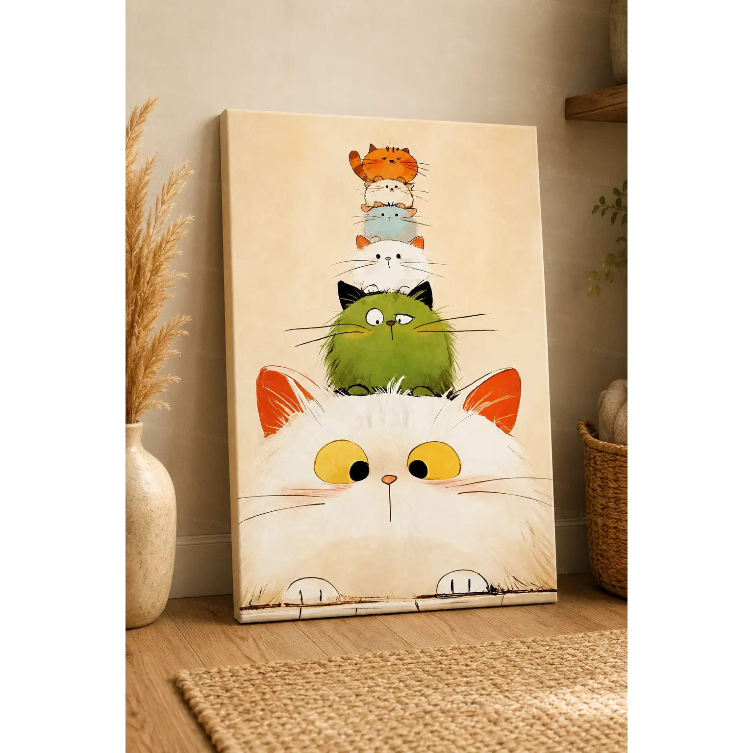 Cute Stacked Colorful Fluffy Cats Cartoon Wall Art Canvas Poster, Whimsical Soft Watercolor Kitten Decorative Poster Prints, Sweet Pet Wall Decor for Bedroom Nursery Living Room Apartment, Available as Unframed Canvas Poster or Framed Canvas Wrap