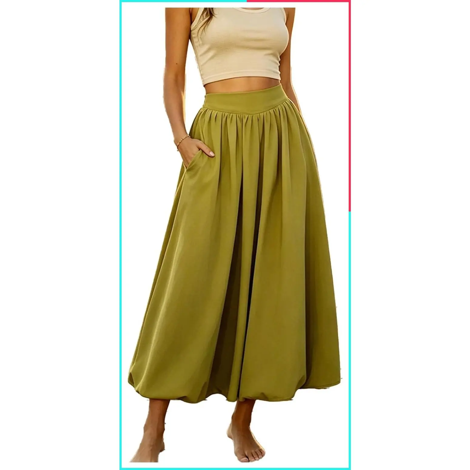 Women's Y2K Bubble Maxi Skirt with Pockets, Puffy Bubble Hem A-Line Elastic Waist Skirt