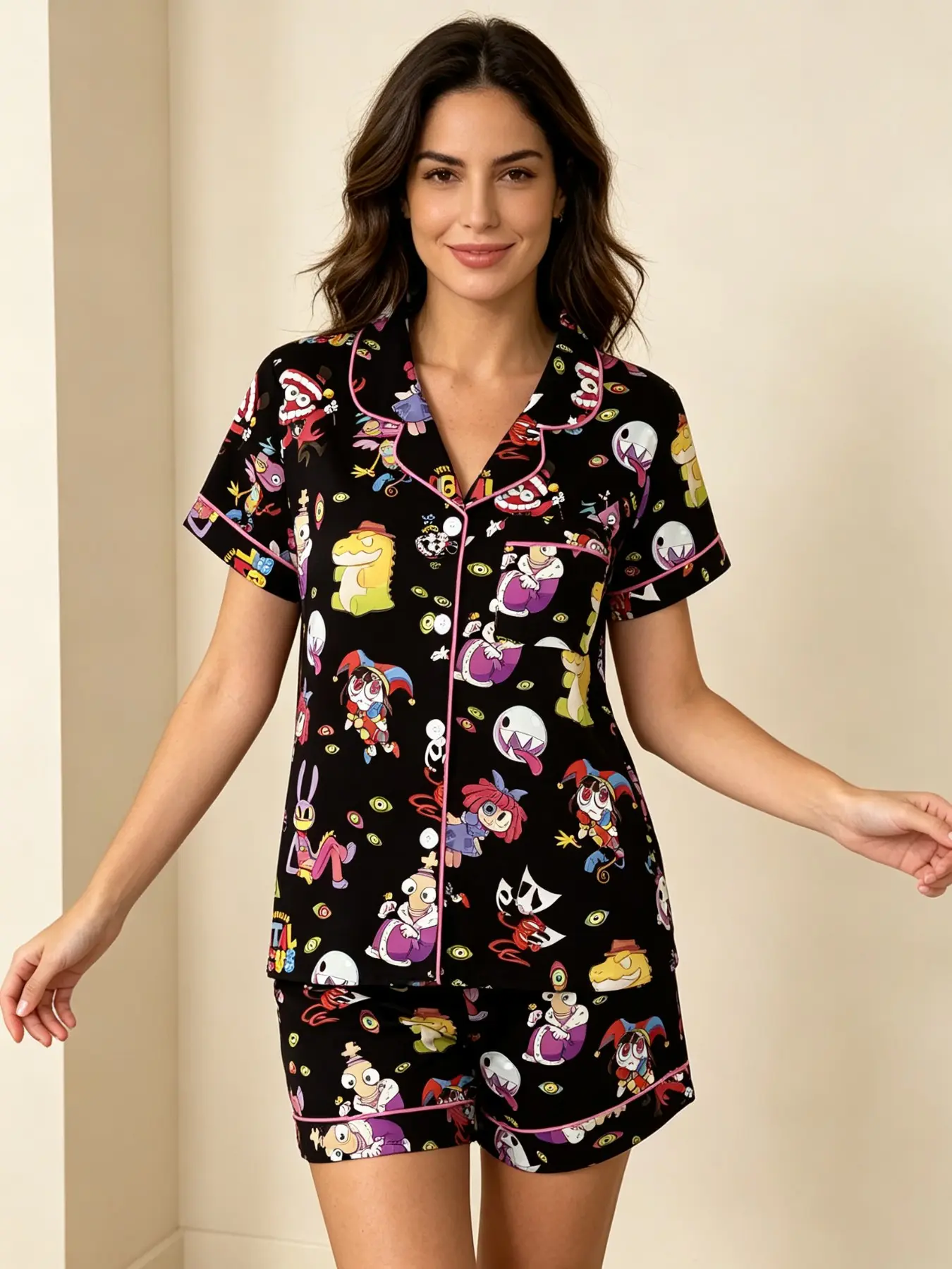 Halloween Pajama Set, Cartoon Theme Short Sleeve Button Front Sleepwear Loungewear, Fitted Two-Piece, All Seasons Home Wear