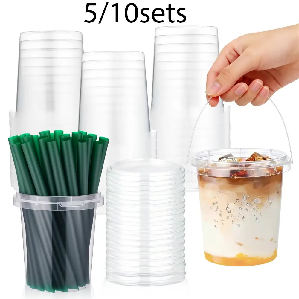 5/10 sets 32oz Drink Buckets with Lid and Straw, Leak-Proof PP Material, Reusable Customer Cups for Hot/cold Drinks, Party Supplies