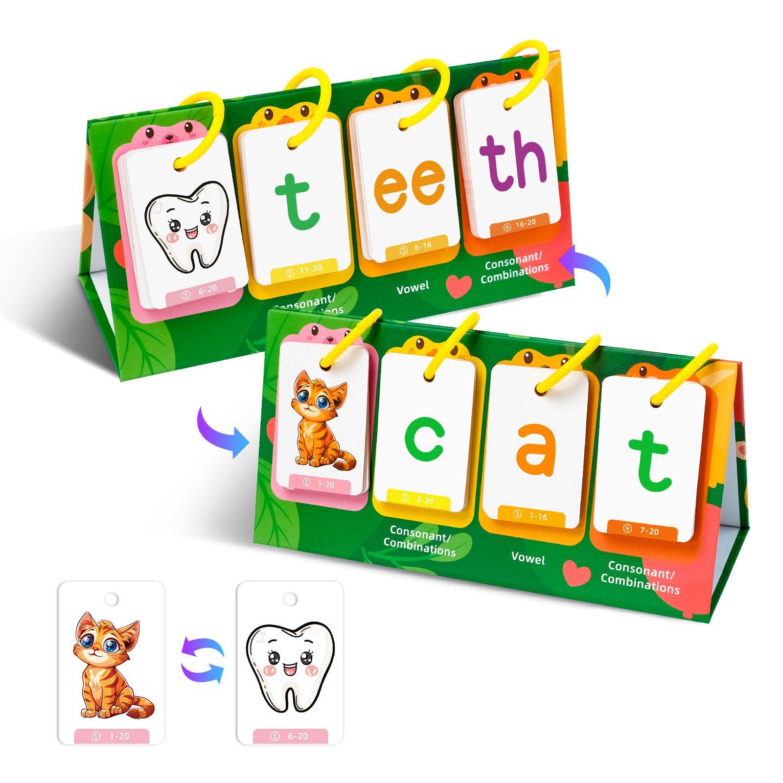 Random Color CVC Word Builder Games Cards, 80 Cards Learn To Read Montessori Word Building Desktop Pocket Chart Flash Cards Kit Flashcards Learning Alphabet