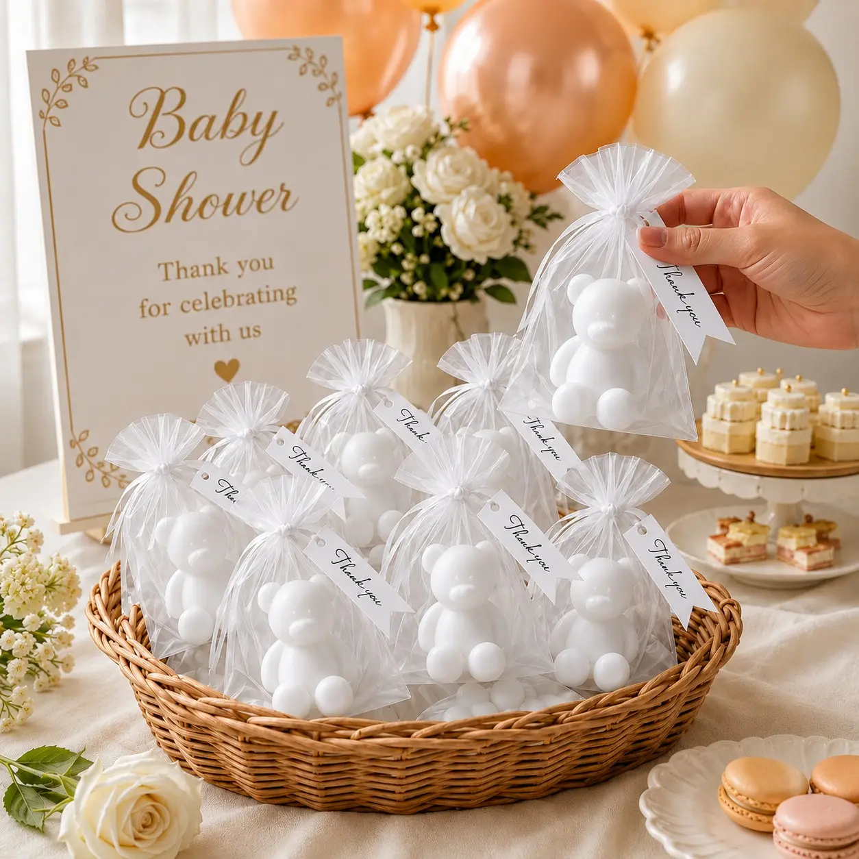 8 Sets Baby Shower Favors for Guests, White Teddy Bear Candle Gift Sets with White Organza Gift Bags and Thank You Cards, Gender Neutral Baby Shower Gifts, Baptism and Christening Favors, First Birthday Keepsakes, Party Gift