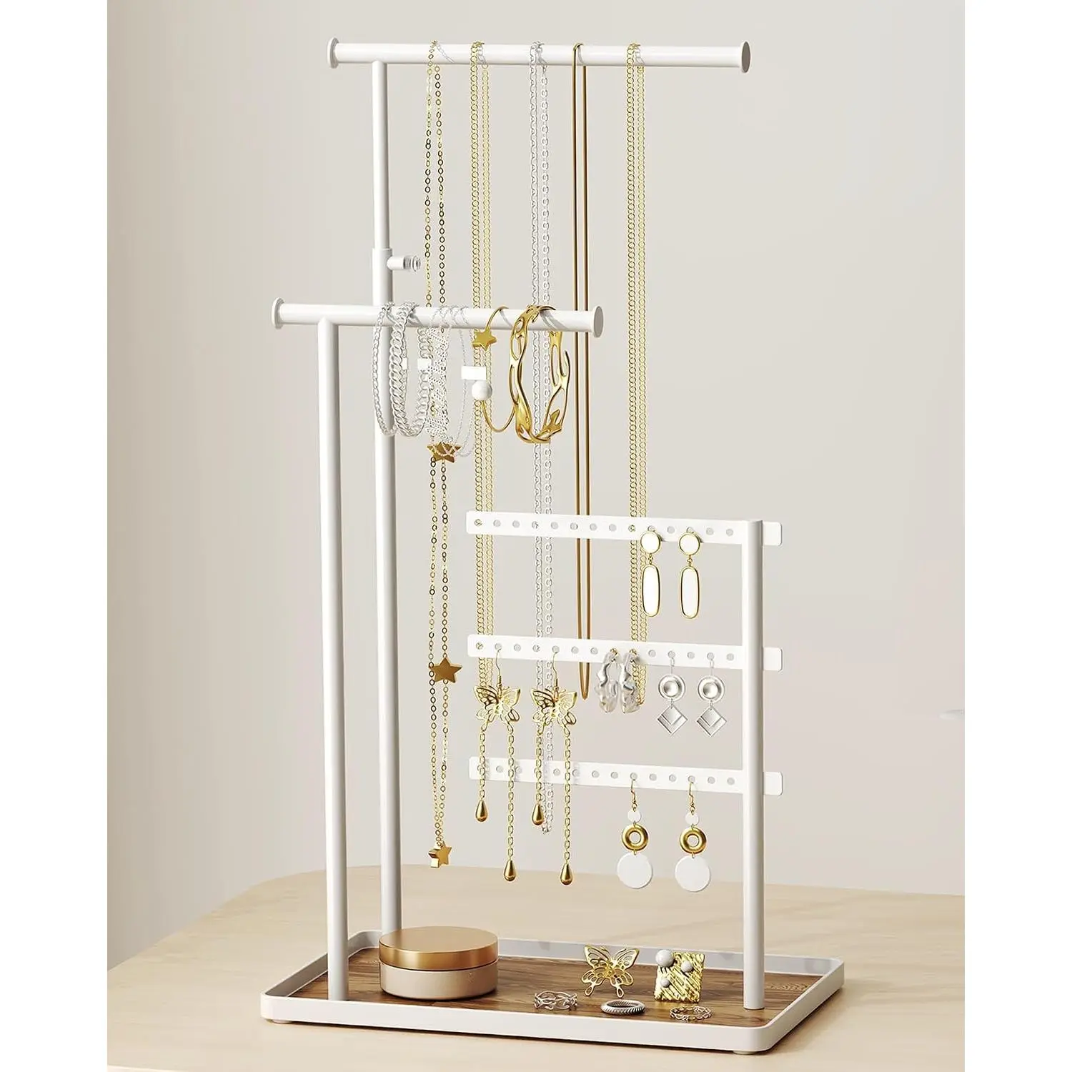 Holder Organizer Stand - Adjustable Tall 17.5" (Max), Sturdy  Hanger for Necklaces, Earrings, Bracelets, Rings, Jewlery Display and Storage, White, Metal