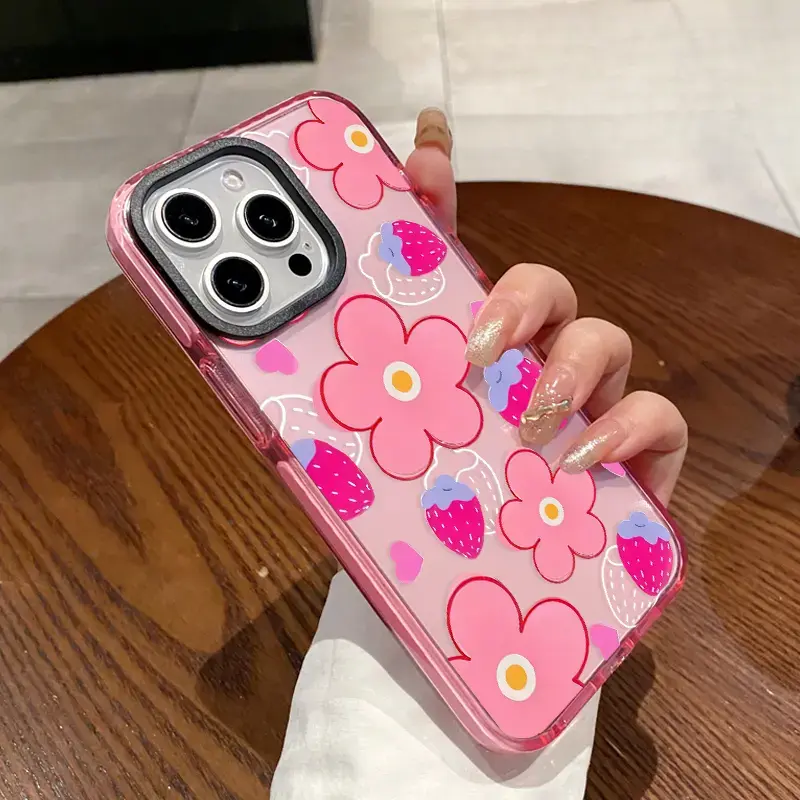 Soft Silicone Smartphone Casing for iPhone 16 Plus, 15 Pro Max, 14, 13, 12, 11 - Pink Flower Strawberry Pattern, Transparent, Non-Yellowing, Shockproof Handheld Device Protection Cover