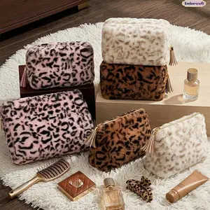 Leopard Print Plush Makeup Bag for Women, Large Capacity Cosmetic Organizer Pouch with Soft Aesthetic Design, Trendy Travel Toiletry Bag for Vacation Essentials, Daily Storage & Clean Girl Accessories