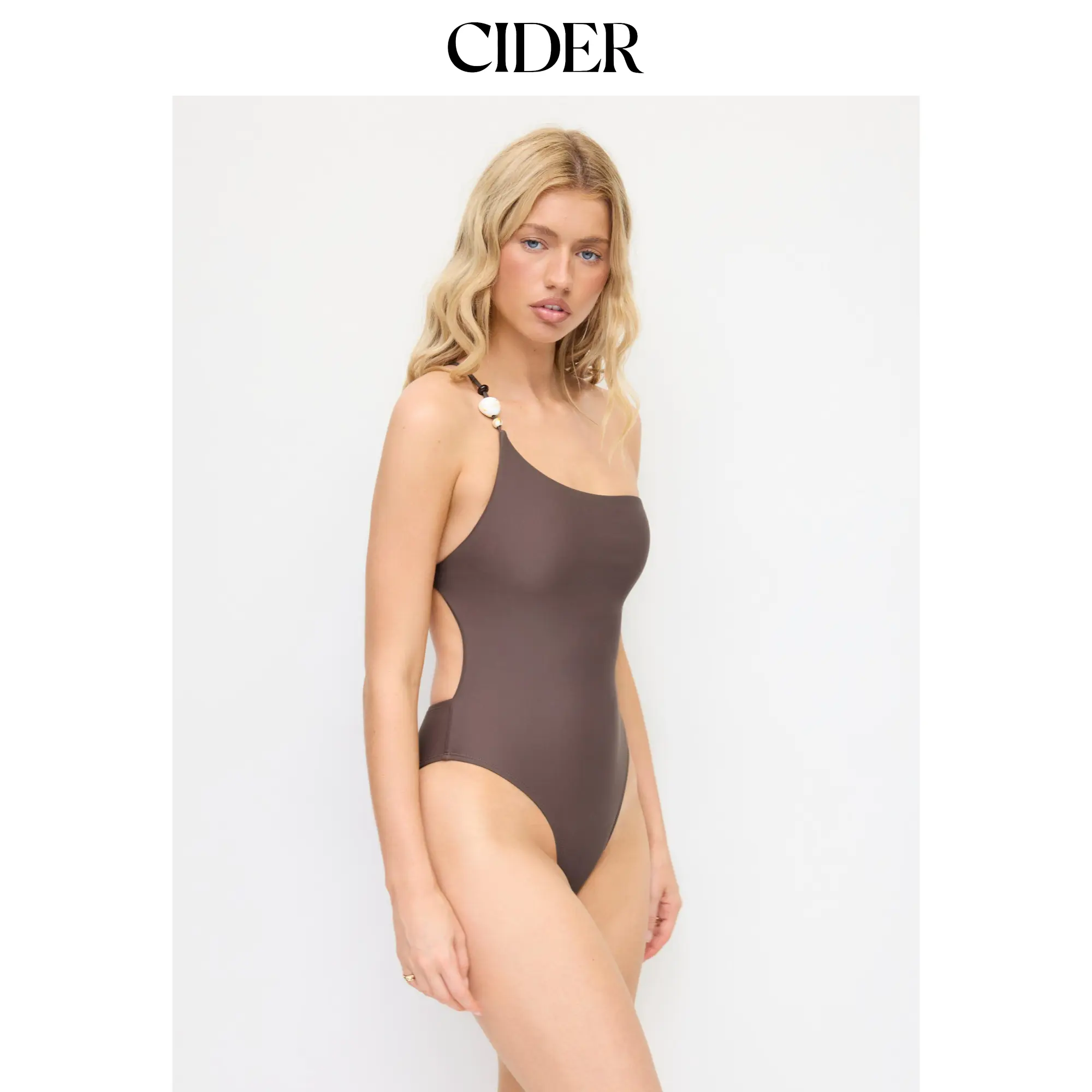 Cider High Stretch Asymmetrical Neck Bead Detail One Piece Swimsuit