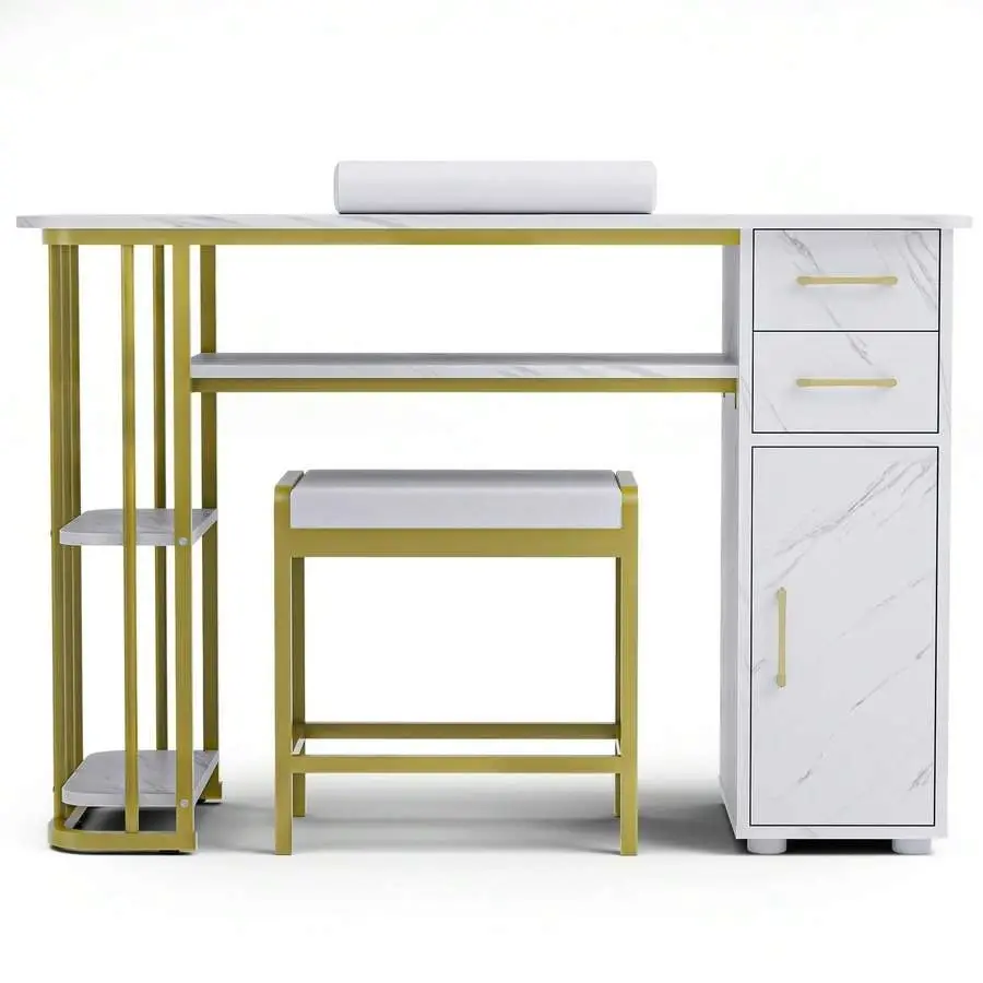 Manicure Table With Stool And Wrist Cushion, Nail Desk Nail Tech, Beauty Salon Station Manicure Workstation, White Marblenail Desk, Nail Table, Salon Equipment, Manicure Table, Nail Tech Desk, Salon Furniture, Nail Tech Table, Portable Nail Table, Foldabl