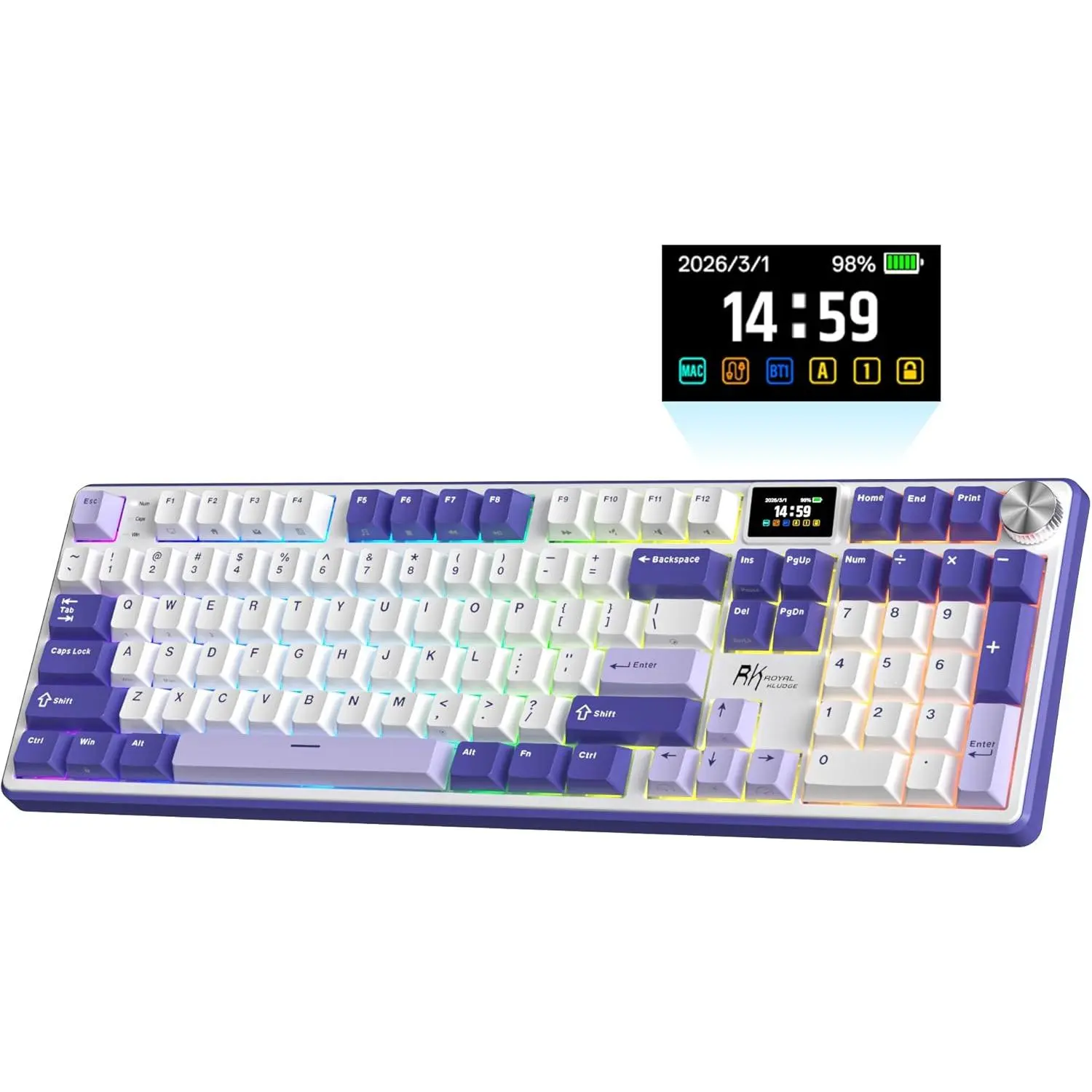 RK ROYAL KLUDGE S104 Wireless Mechanical Keyboard with Screen & Metal Knob | Full Size Gaming Keyboard with 8000mAh Battery, RGB Backlit Hot Swappable Pre-lubed Switches, Creamy Sound Computer Keyboards sohochic