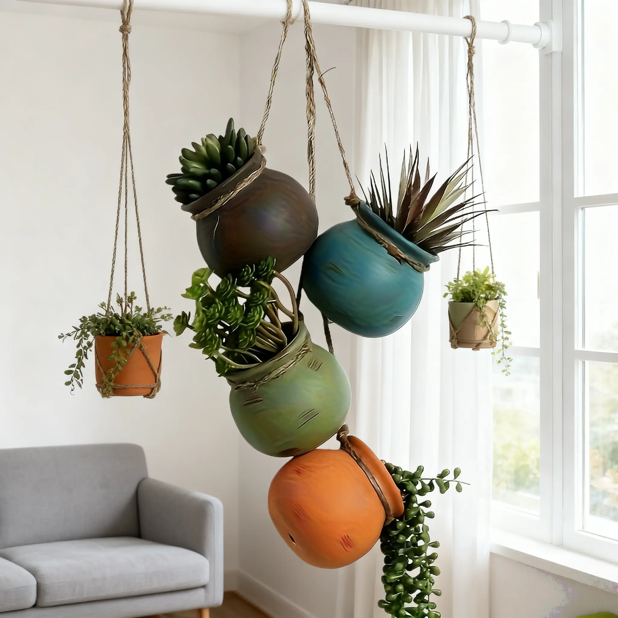 Boho Ceramic Hanging Plant Pots Indoor - Stackable, Colorful Holders with Jute Rope, Home Decor Plant Display Solution for Enthusiasts