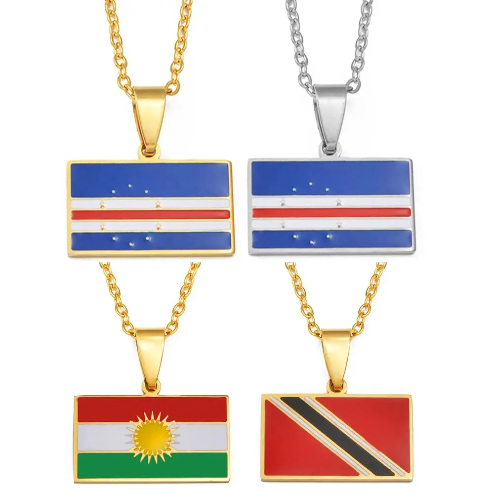 Rectangle Flag Cabo Verde/Cape Verde,Trinidad and Tobago,Kurdistan Pendant Necklaces For Women Stainless Steel Jewelry #540562