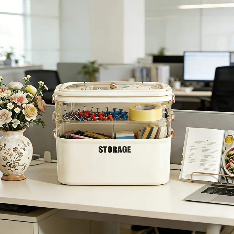 Multi-layer Stackable Desktop Storage Box, Transparent Drawer-style Storage Box, Office Stationery Organizer with Lid, Plastic Cosmetic and Jewelry Storage Box, Cream White.