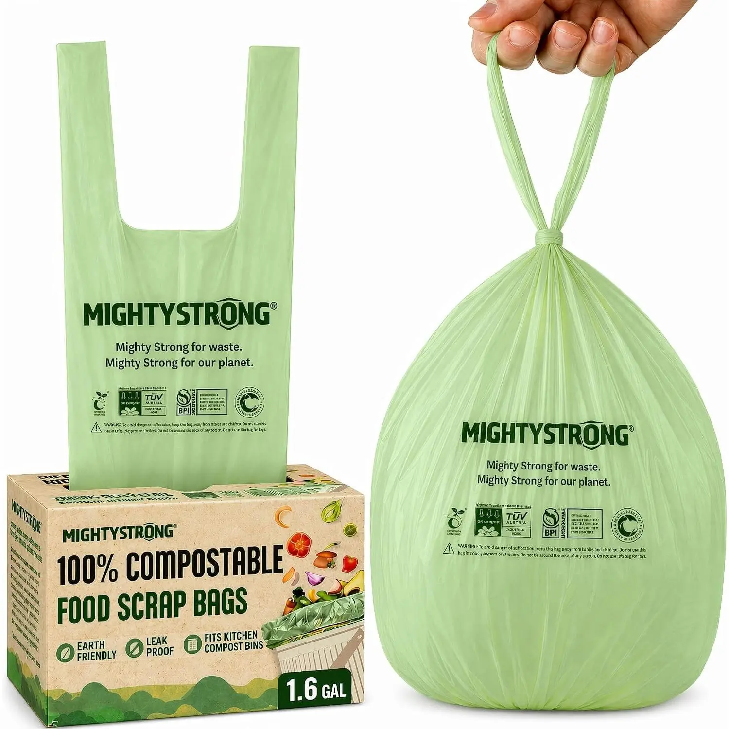 Compost Bags with Handles - 50 Pieces 1.6 Gallon/6 Liter Compostable Trash Bags, Small Trash Bags, Certified By BPI And OK Compost, Food Scrap Waste Bags