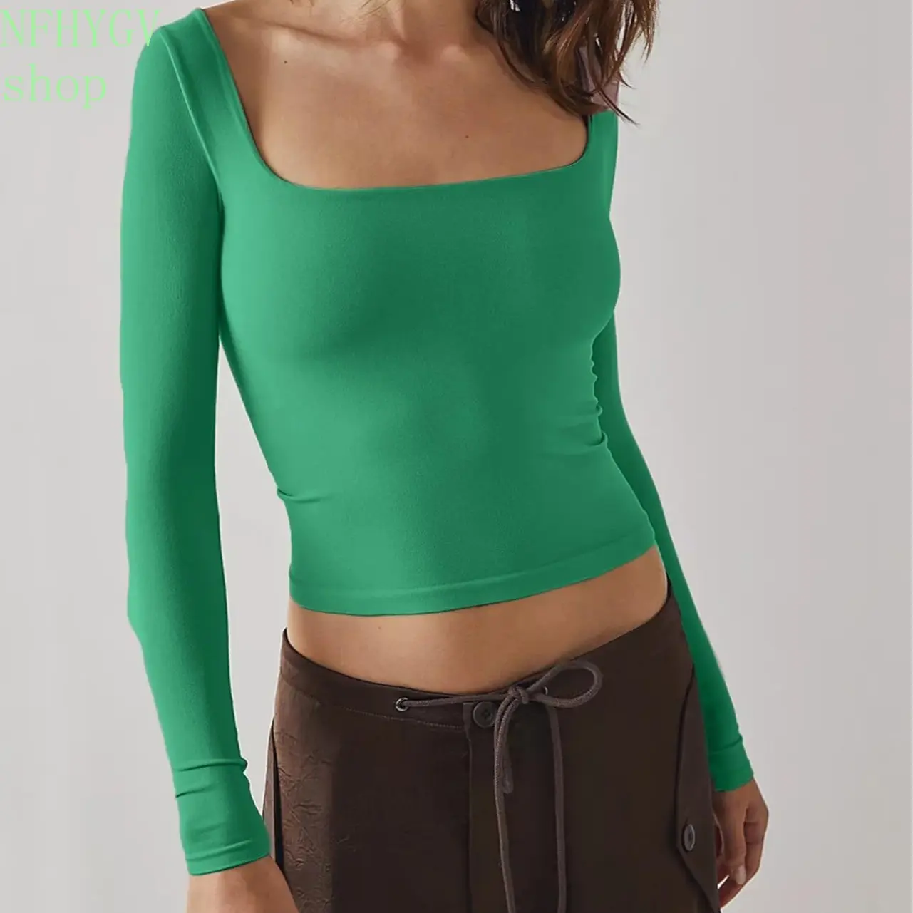 Women’s Square Neck Long Sleeve Crop Top, Stretchy Solid Color Ribbed Knit Form Fitting Blouse, Y2K Basic Casual Tee For Daily Street Style, Shopping, Club Nights And Spring & Fall Outfits