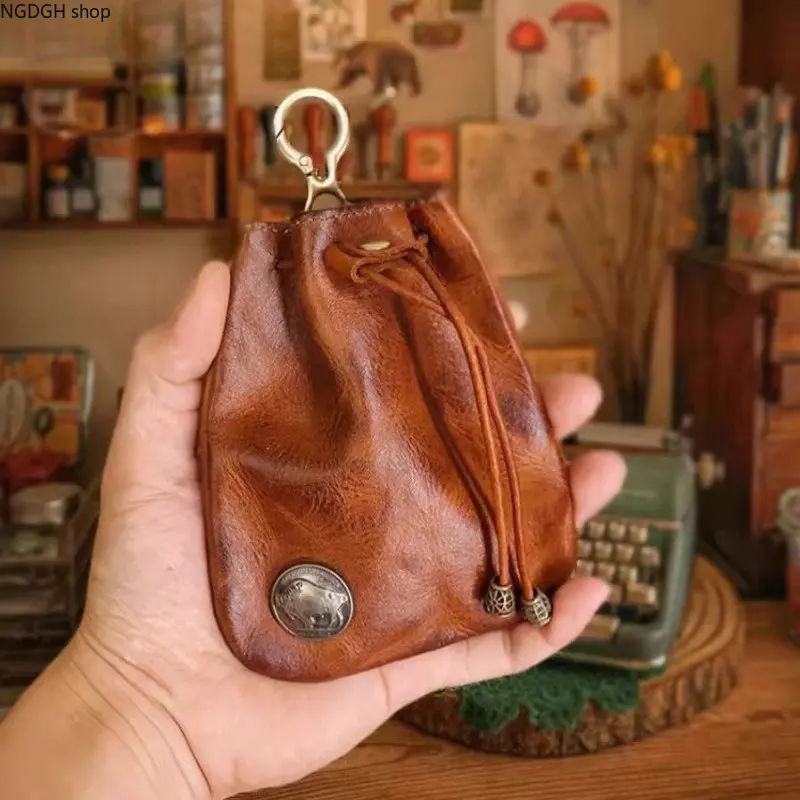Mini Pouch - Cute Vintage Leather Drawstring Pouch Keychain Small Coin Bag with Buffalo Coin for Men Women Everyday