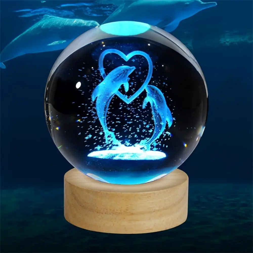 1PC 2.36 inch/6cm 3D Laser Engraving Dolphin & Heart Crystal Ball LED Night Light with Glass Sphere, Wooden Base, USB Cable, Energy-Efficient Home Decor, Ideal Gift for Women - Warm Vibrant Colors