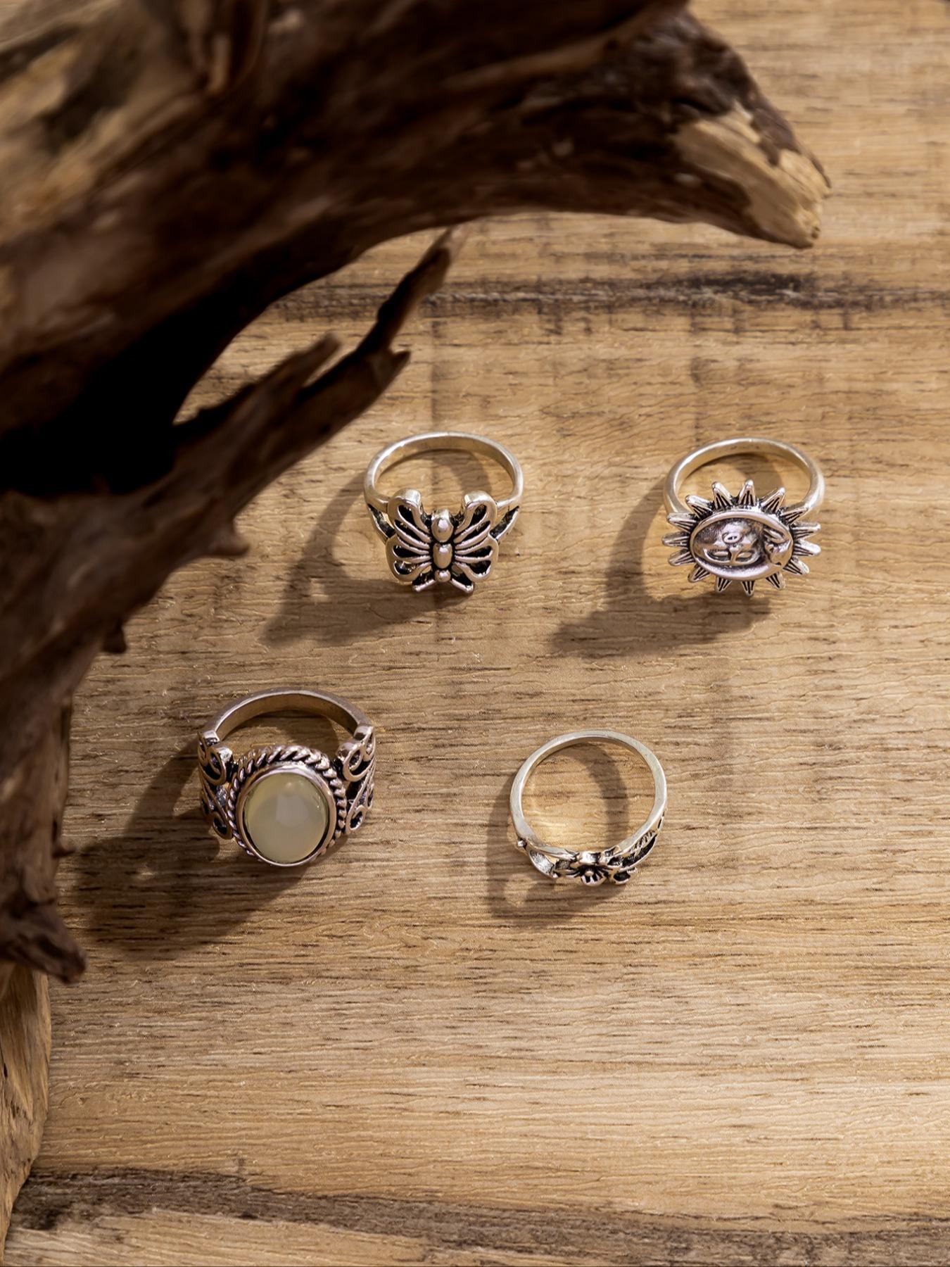4pcs/set Vintage Butterfly & Flower Design Grunge Ring Bundles Kit, Streetwear Stacking Rings, Fashion All-match Accessories for Women & Girls