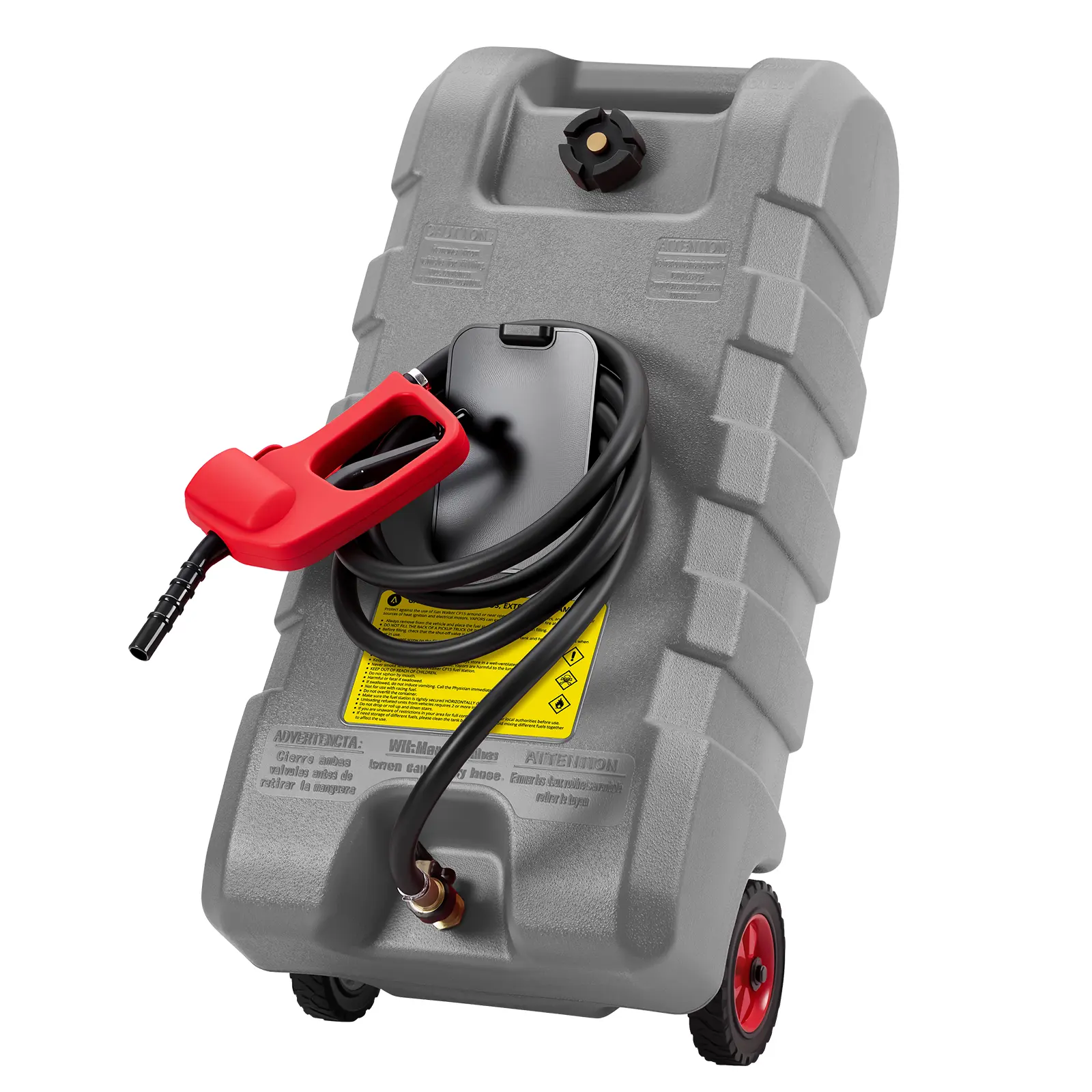 15 Gallon Fuel Caddy, Heavy Duty HDPE Gasoline Transfer Tank with Manual Siphon Pump, 10 ft Hose, Squeeze Nozzle, Brass Shut-Off Valves, Hose Holder & Wheels for Cars, Boats, Lawn Mowers, ATVs, Generators, Garages, Camping & Emergency Fuel Storage