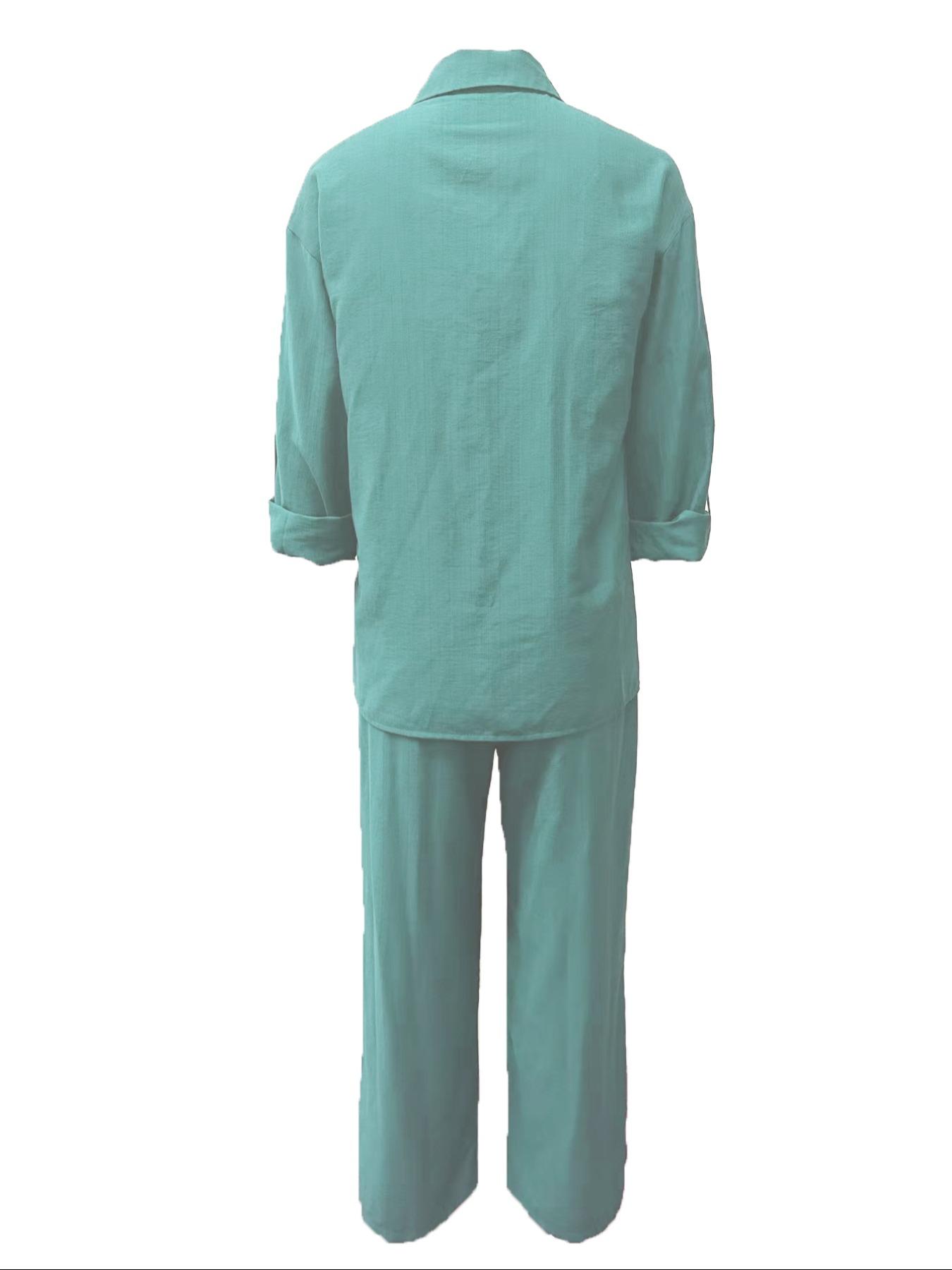 Women's Solid Color Shirt & Wide Leg Pants Set, Casual Fashion Cozy Breathable Two-piece Outfits for Daily Outdoor Wear, Women Clothes for Spring Fall