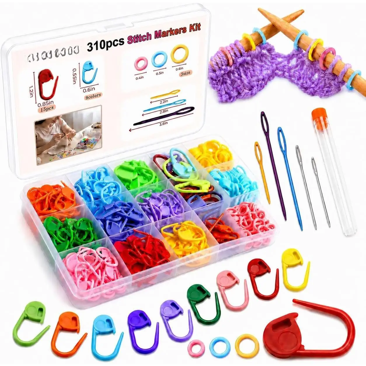 Crochet  Markers Kit: 310 count Large Locking Crochet Counter Clips & Marker Rings for Crocheting Knitting with Compartment Storage Box -  for 1000+ 0 Snagging 1s Open & Close